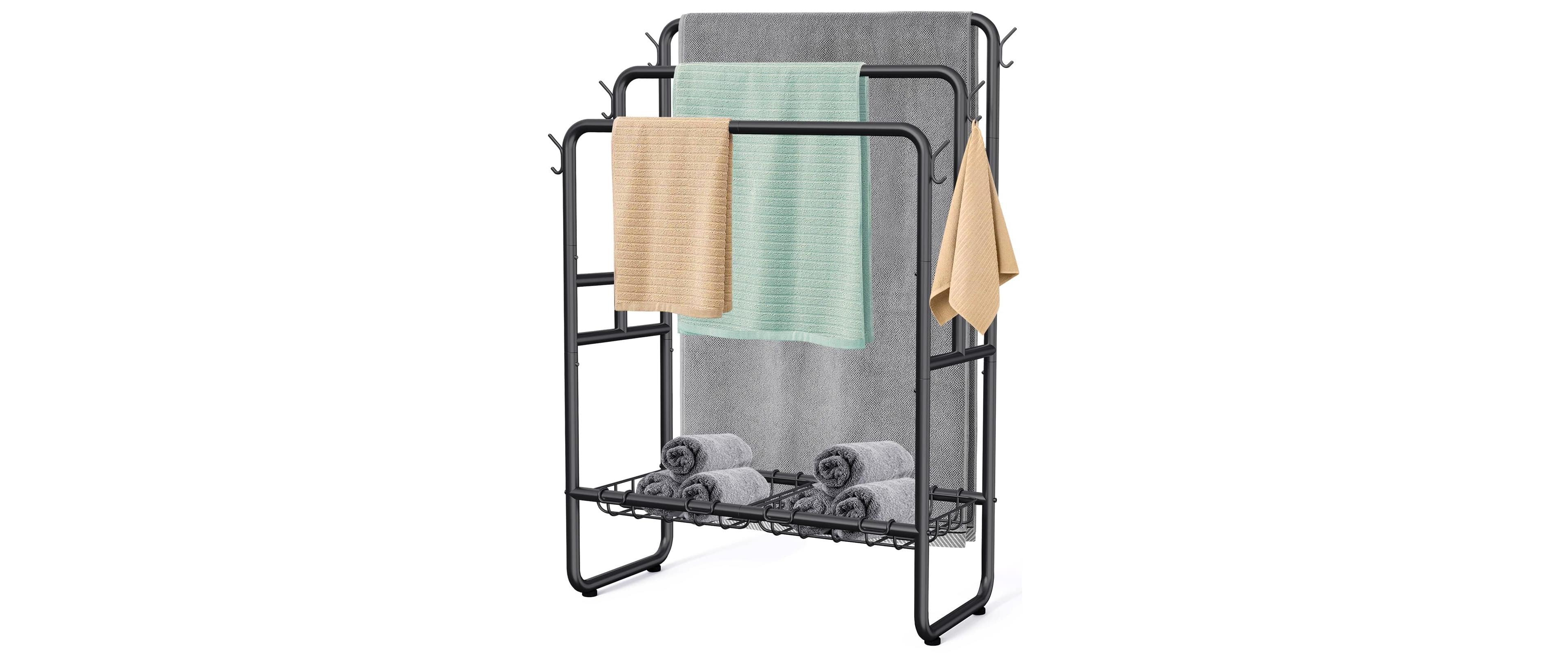 Cyqbd 40'' Freestanding Towel Rack with Baskets 6 Hooks 3 Tier Bathroom Hardware