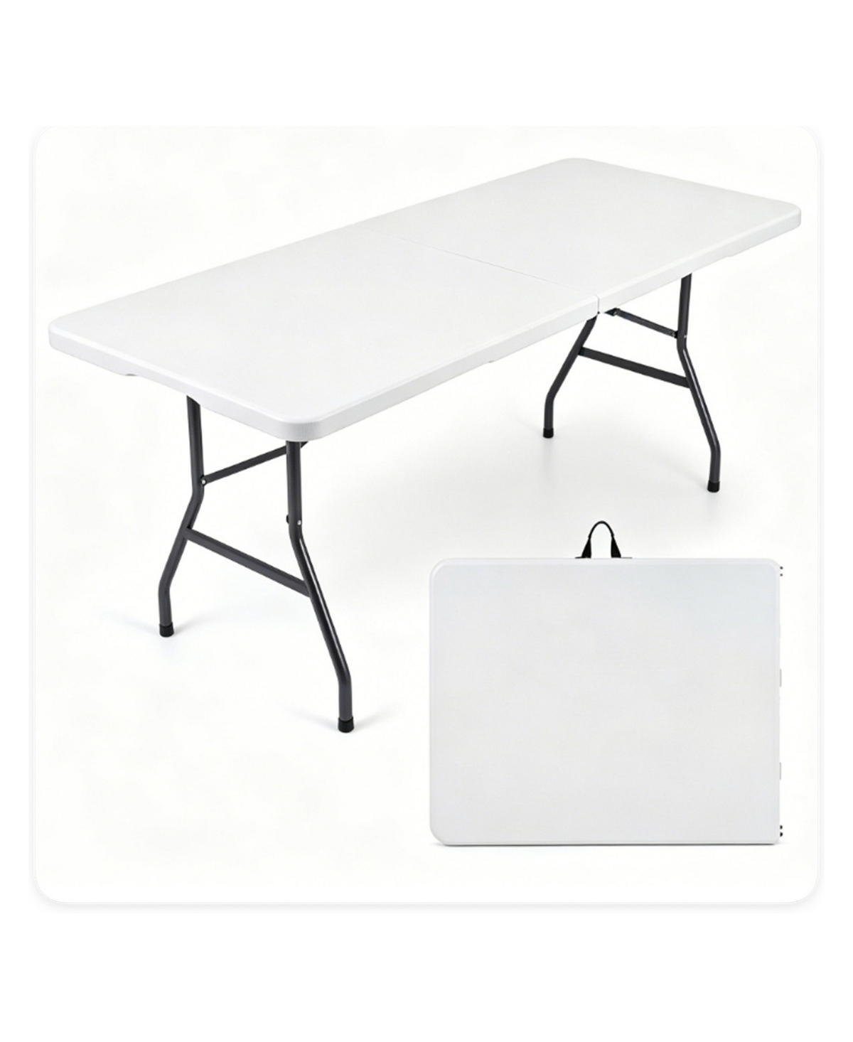 Sevorley 71 Inch Portable Foldable Camping Table, Hdpe Waterproof Easy Clean Plastic Outdoor Table with Lockable Metal Legs, Half Fold - White