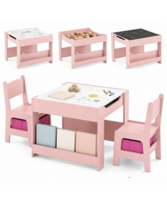 4-in-1 Kids Table and Chair Set Toddler Wooden Activity Table with Side Bookshelves