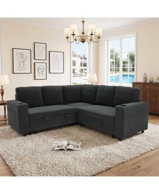 Nubby Upholstered L-Shape Sleeper Sectional Sofa with Storage and Cup Holders