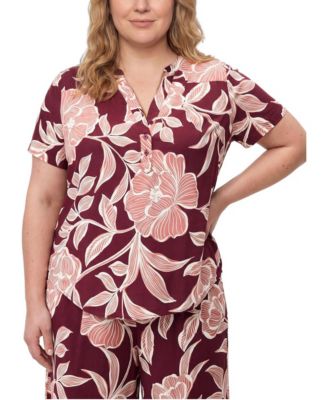 Plus Size Harper Floral-Print Relaxed-Fit Split-Neck Short-Sleeve Blouse