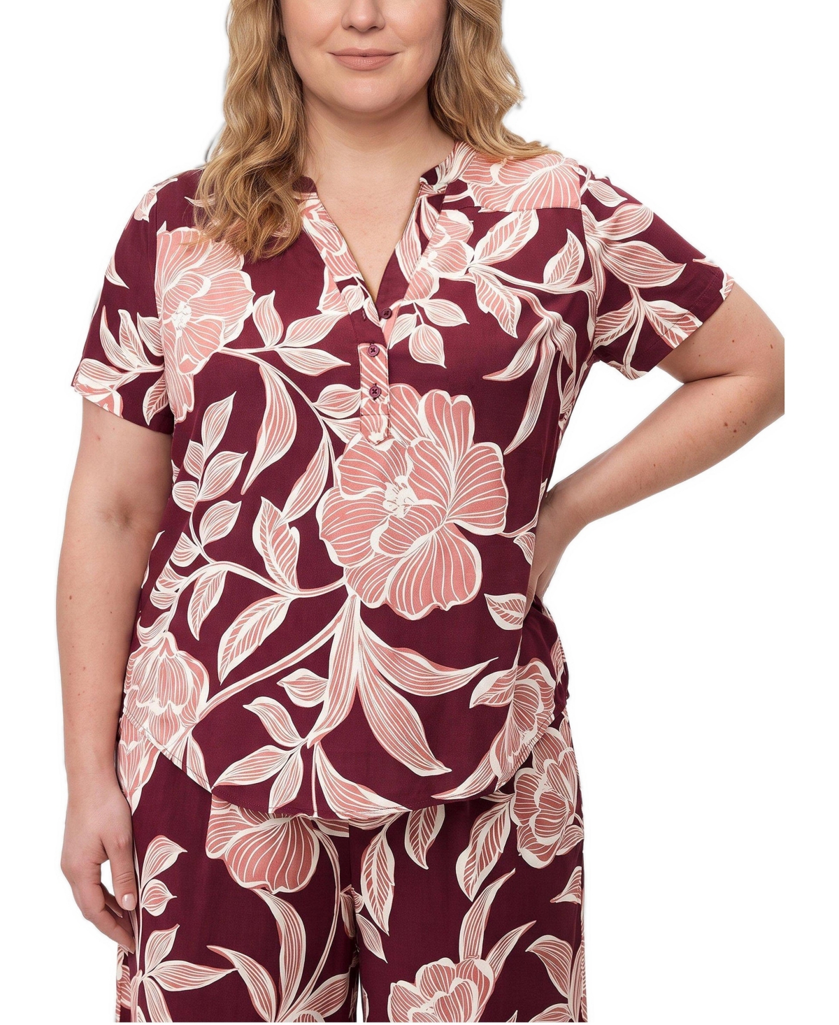 Torrid Plus Harper Floral-Print Relaxed-Fit Split-Neck Short-Sleeve Blouse