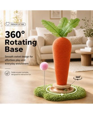 Carrot and Mushroom Sisal Cat Scratching Post, Interactive Turntable Ball Toy with Pom Pom for Indoor Cats