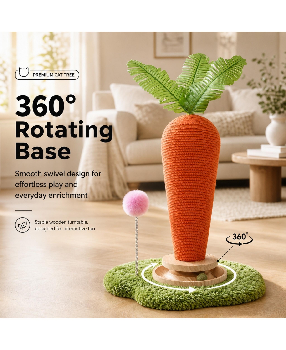 Lalfpet Carrot and Mushroom Sisal Cat Scratching Post, Interactive Turntable Ball Toy with Pom for Indoor Cats
