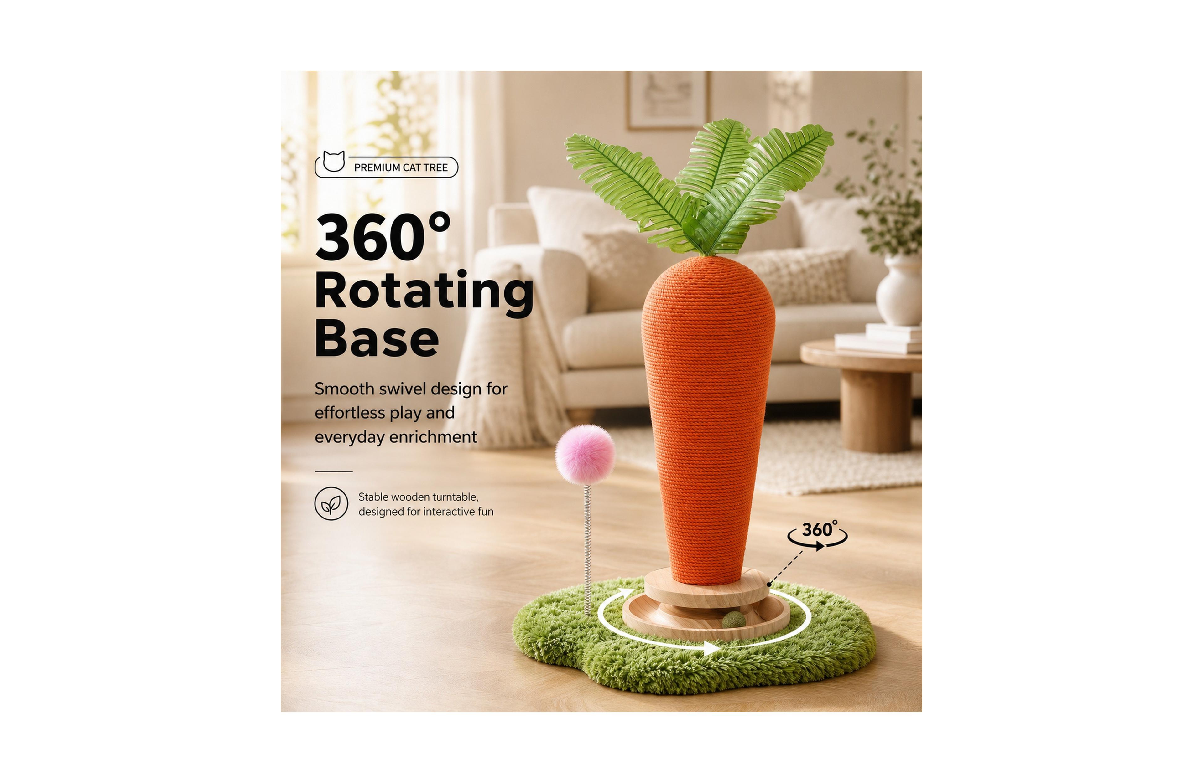 Lalfpet Carrot and Mushroom Sisal Cat Scratching Post, Interactive Turntable Ball Toy with Pom for Indoor Cats
