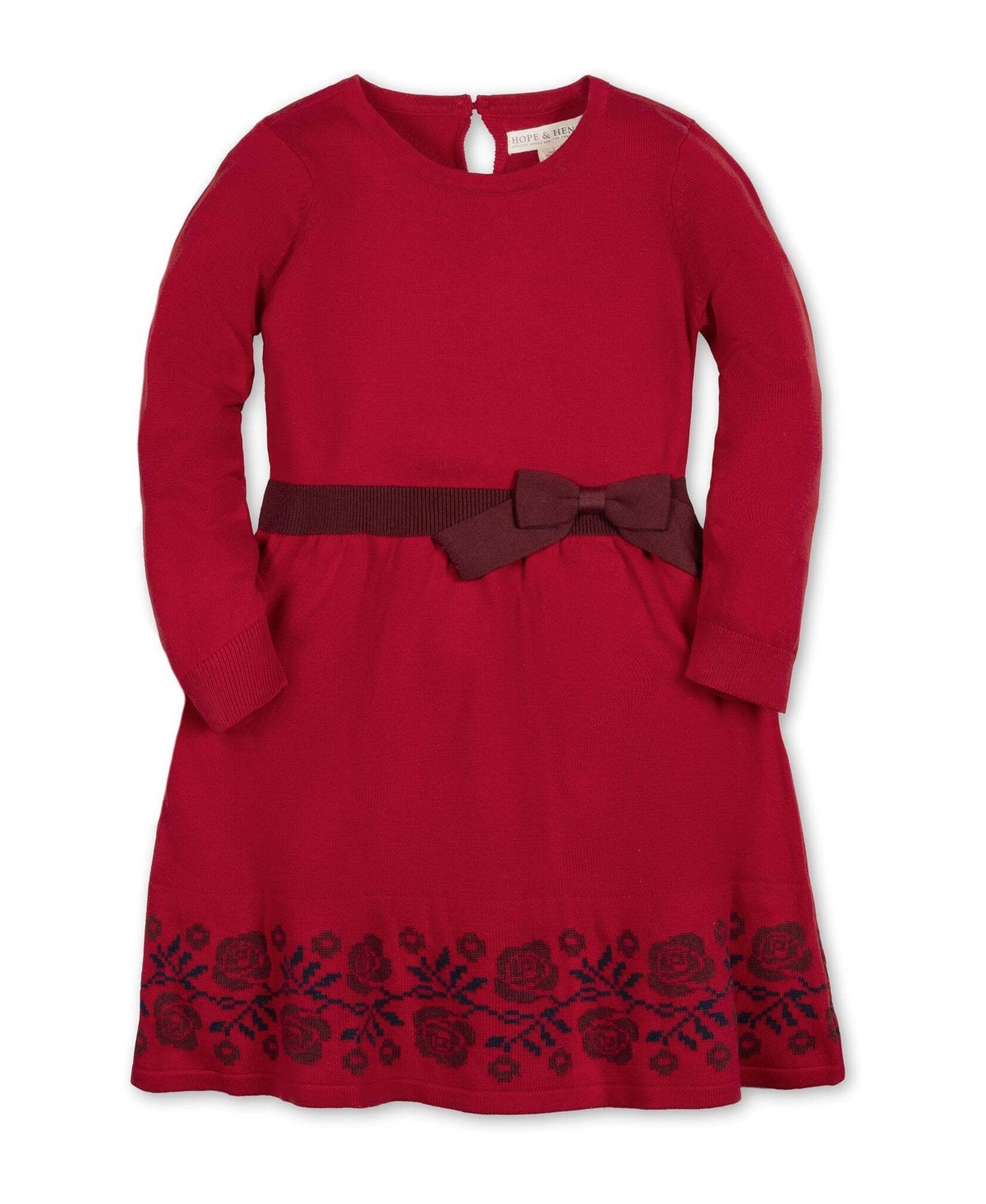 Hope & Henry Girls' 6-12 Long-Sleeve Skater Sweater Dress with Bow - Red border intarsia