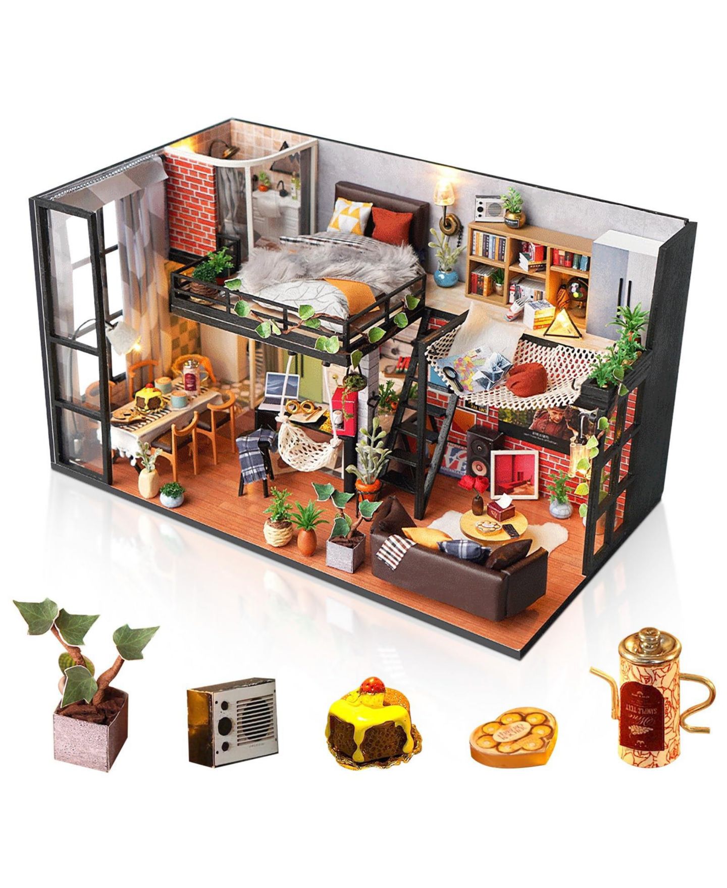 Детские аксессуары для кукол GNUADZ Miniature House DIY Dollhouse Kit With Dust Cover, Ages 14+, цвет: Loft — фото 1