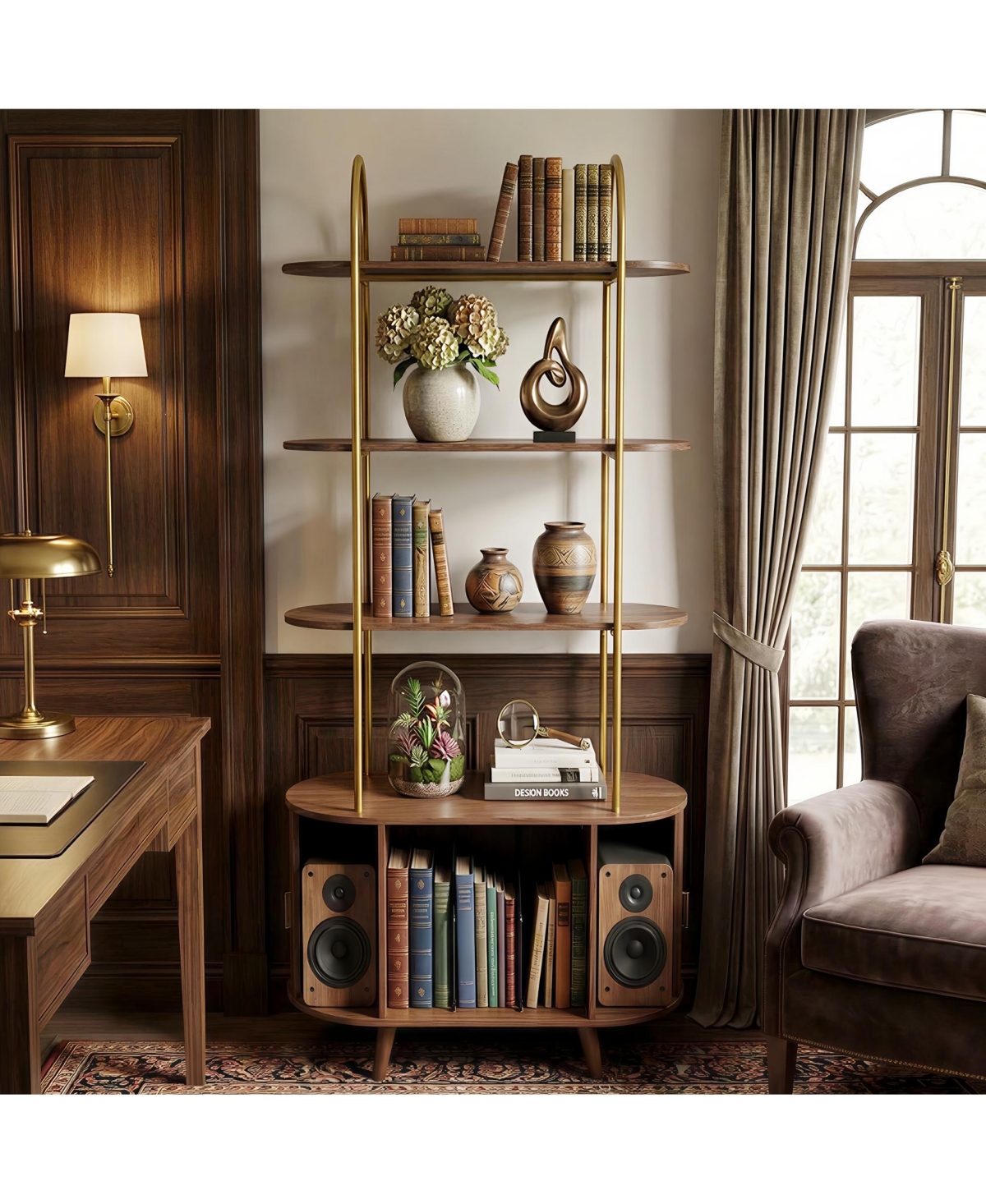 gaomon 4 Tier Tall Vinyl Record Player Stand with Arched Display Shelf Walnut Finish - Brown