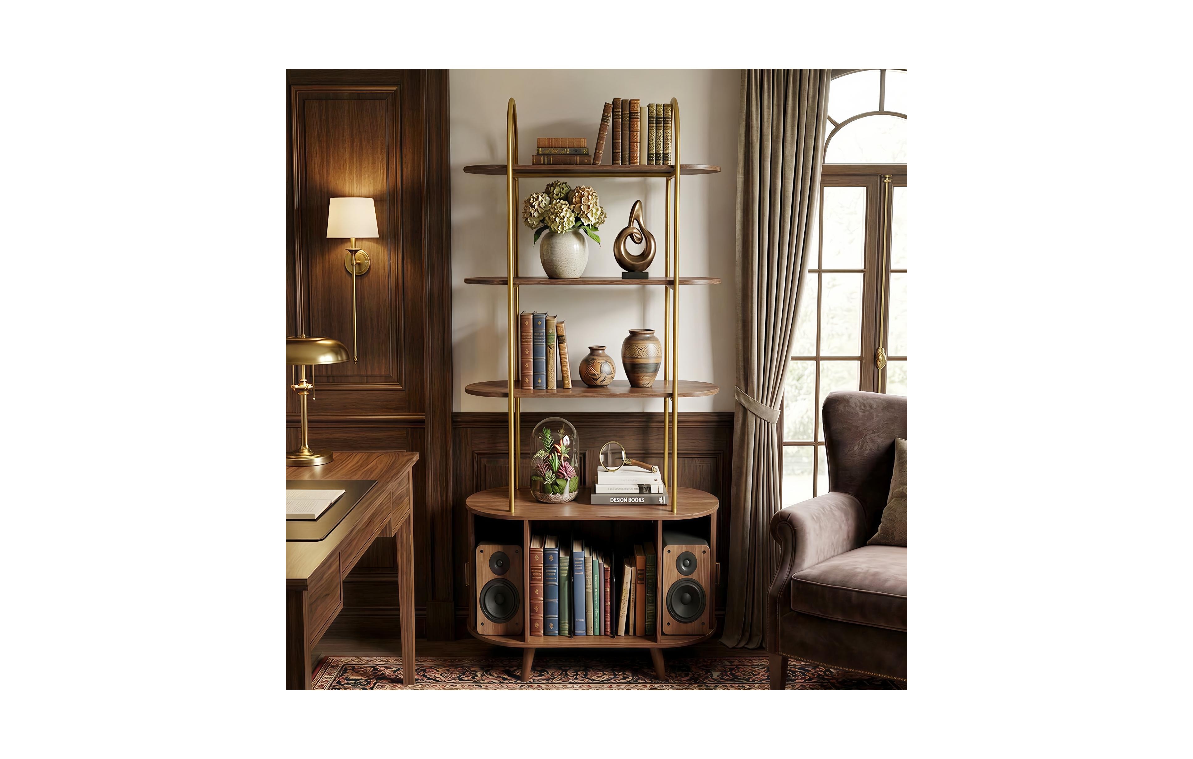 gaomon 4 Tier Tall Vinyl Record Player Stand with Arched Display Shelf Walnut Finish