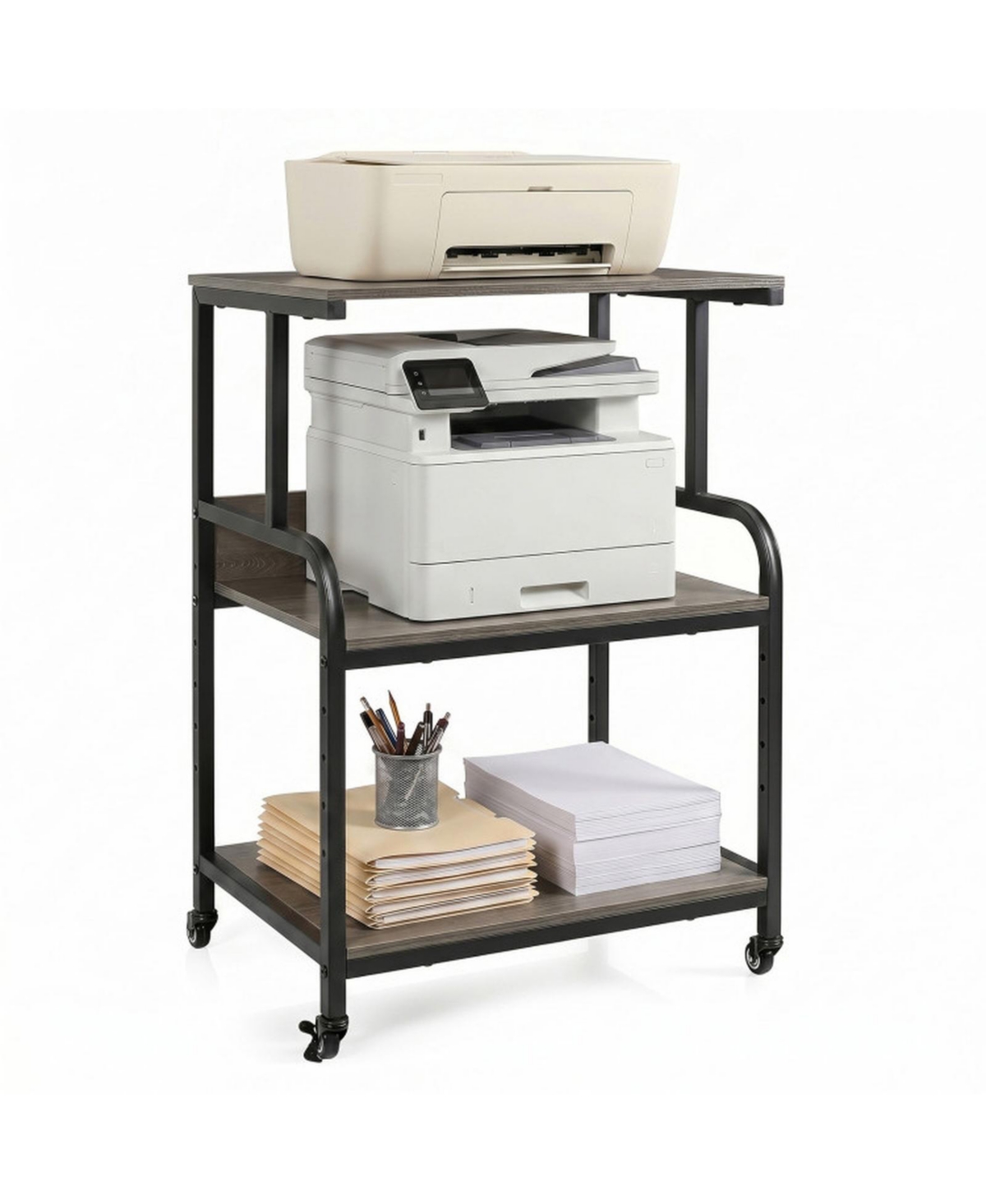 Gouun 3-Tier Rolling Printer Stand with Adjustable Shelf and Lockable Wheels - Brown