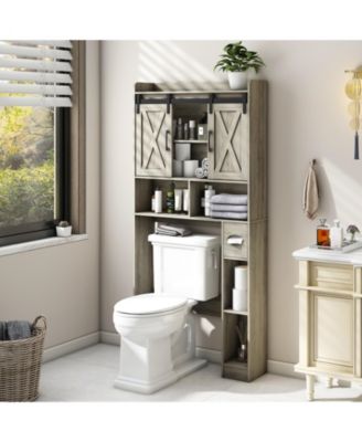 Farmhouse 4-Shelf Over-the-Toilet Storage with Barn Doors and Toilet Paper Holder