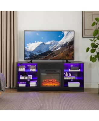 58 Inch Electric Fireplace TV Stand 3D LED Flame Media Console with Built-In Charging Station for 65 Inch TV