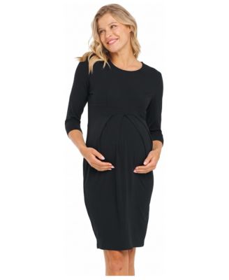 Maternity Long-Sleeve Round-Neck Front-Pleat Dress