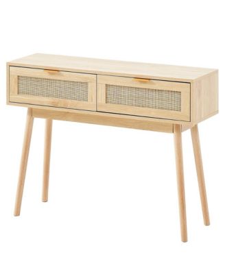 Woven Rattan Console Table with 2 Storage Drawers and Sliding Door