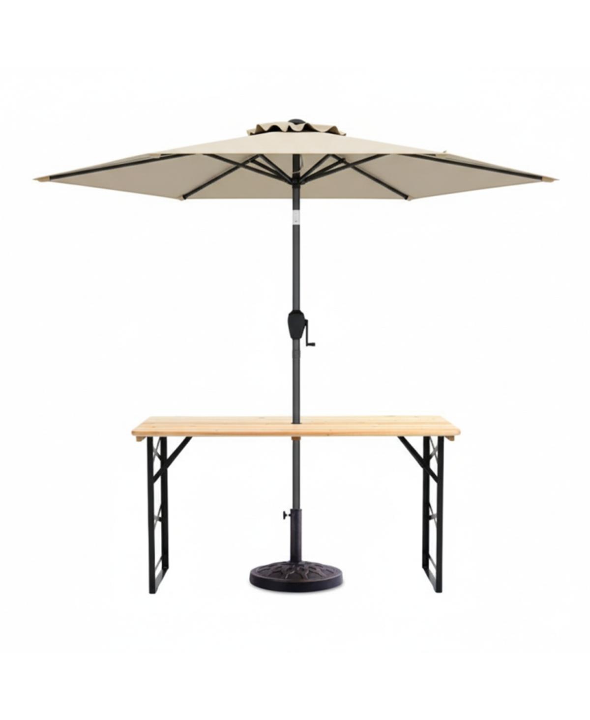 Sevorley 3-Piece Patio Picnic Set - 7.5ft Crank Tilt Umbrella, Heavy-Duty Resin Base, Adjustable Legs, Backyard/Garden/Campsite - Natural