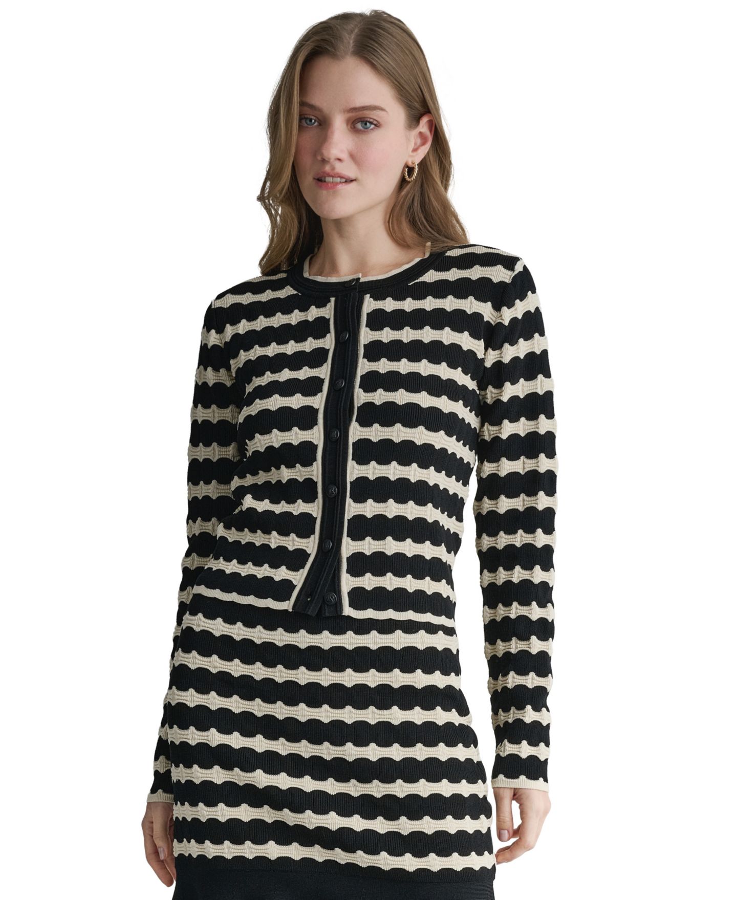 Женский кардиган BCBG Striped Crew Neck Cardigan, цвет: Чёрный — фото 9