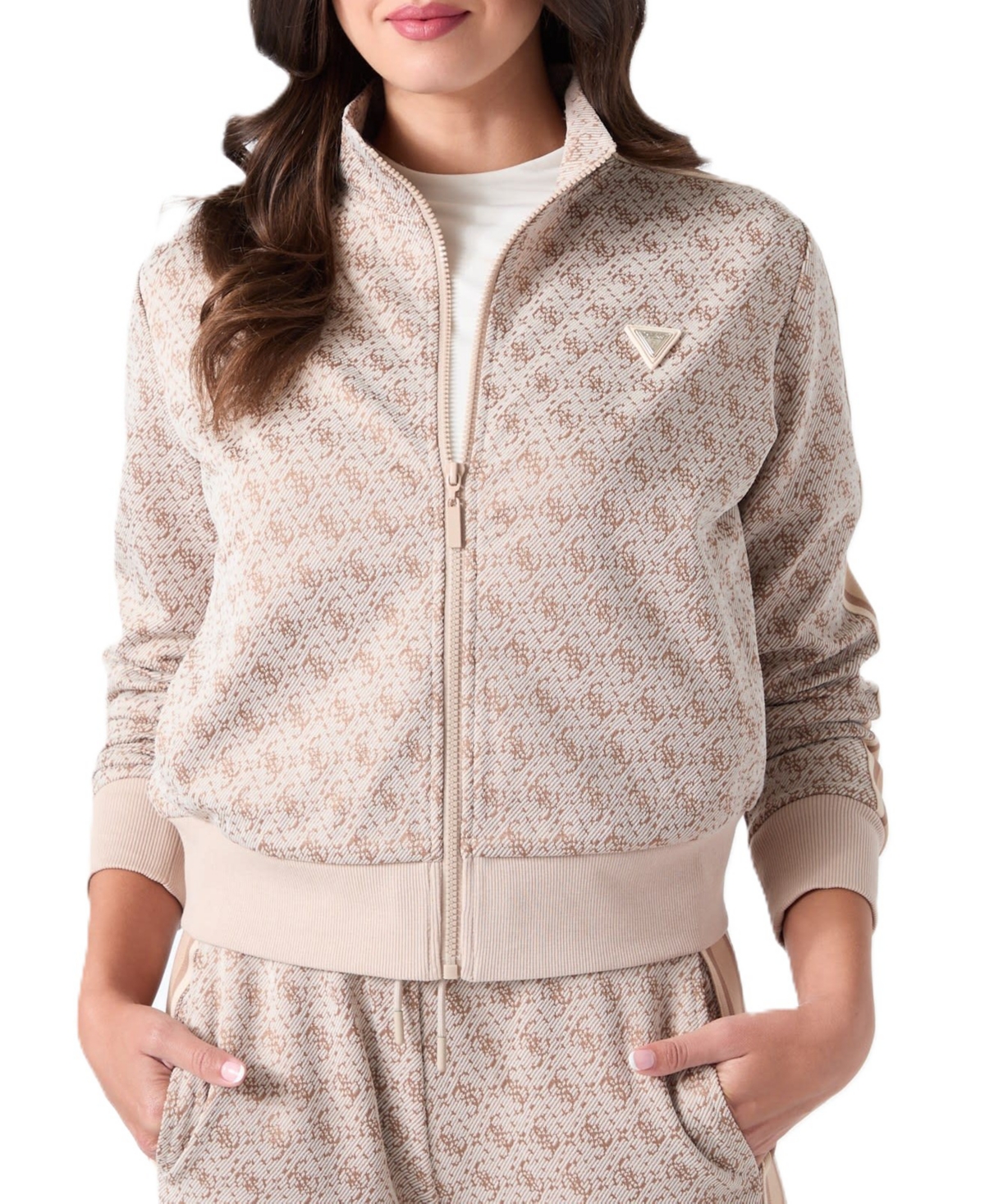 Guess Women's 4G Allover Jacquard Full Zip Mock Neck Long-Sleeve Sweatshirt - 4G Rhombus Buffy Jacquard
