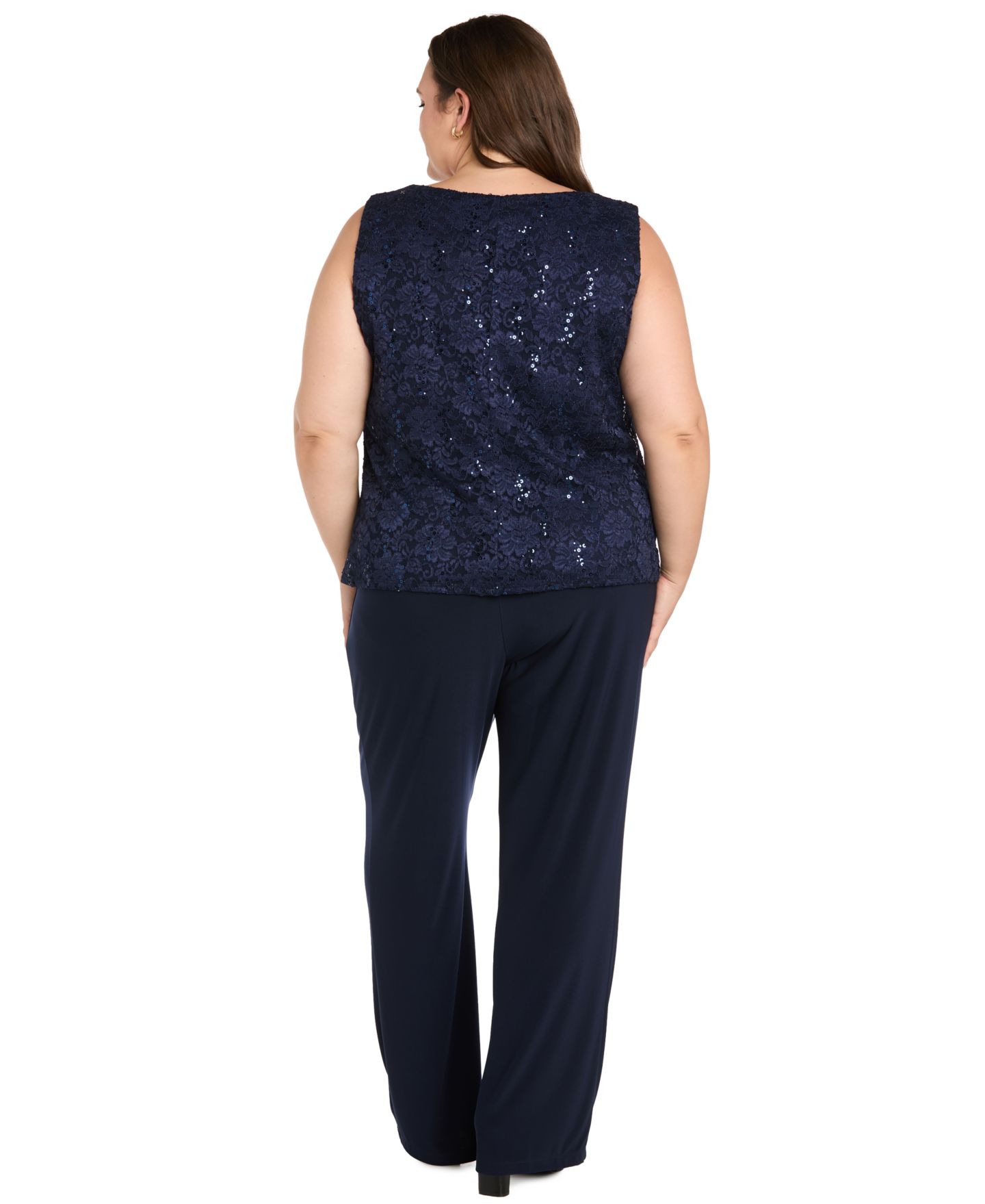 R & M Richards Plus Size Sequin Lace Wide-Leg Jacket, Tank, and Pants, 3-Piece Set, цвет: Тёмно-синий — фото 4