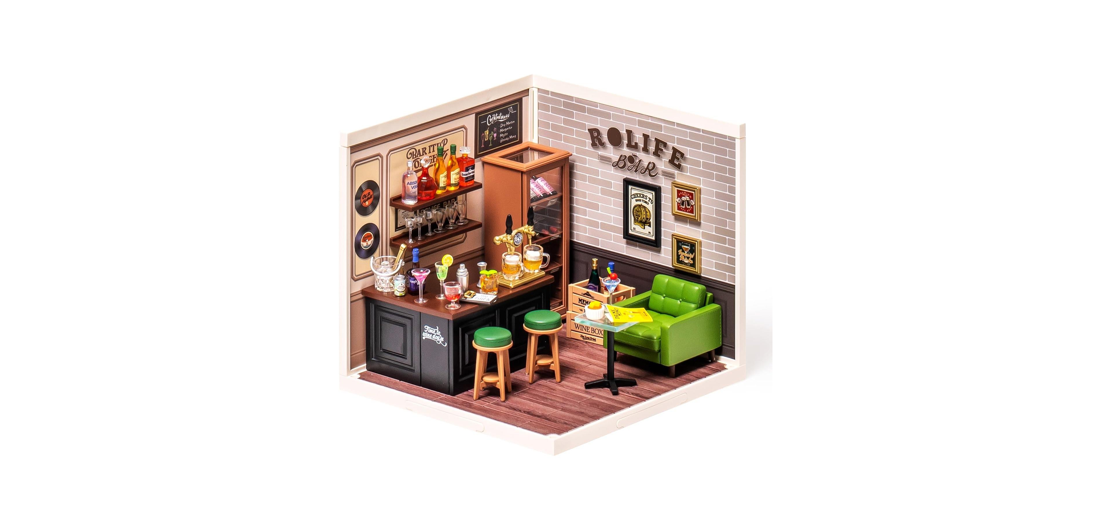 Robotime Miniature Bar Scene Leisurely Cheers Bar 142-Piece Led Building Set, Ages 8+