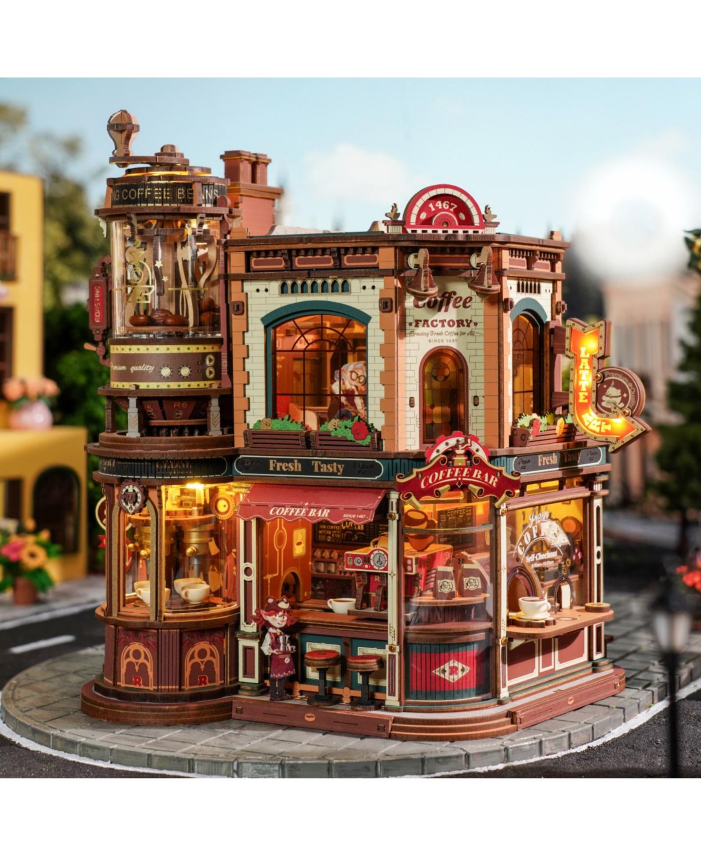 Детский конструктор Robotime Dream Coffee Factory 593-Piece Mechanical Building Set with Music Box and LED Lights, Ages 14+ — фото 5