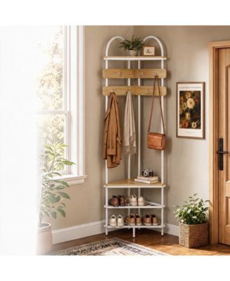 Corner Coat Rack, Freestanding Hall Tree with Hooks and Shelf, Modern Entryway Organizer for Bedroom