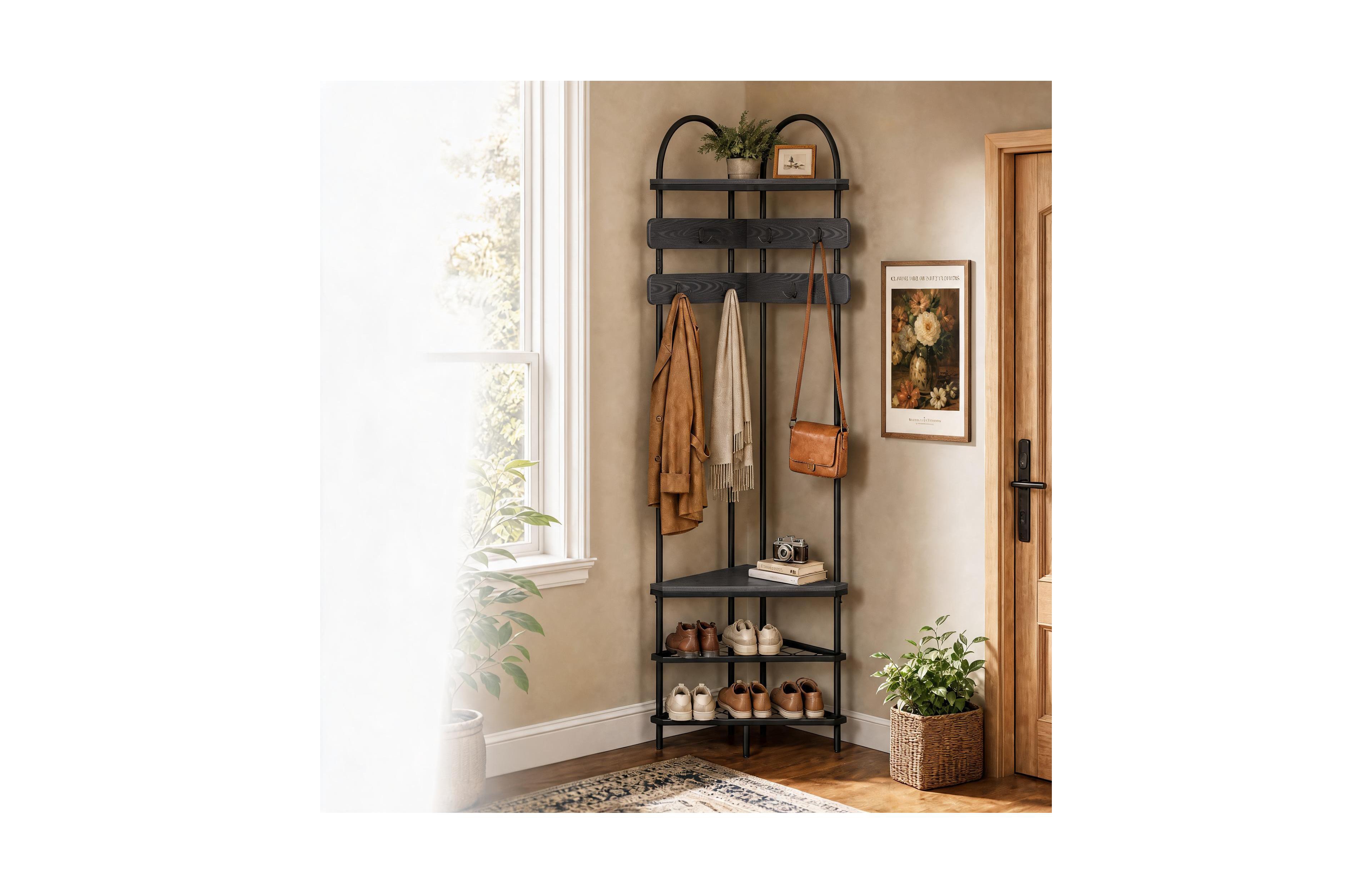 homfan Corner Coat Rack, Freestanding Hall Tree with Hooks and Shelf, Modern Entryway Organizer for Bedroom