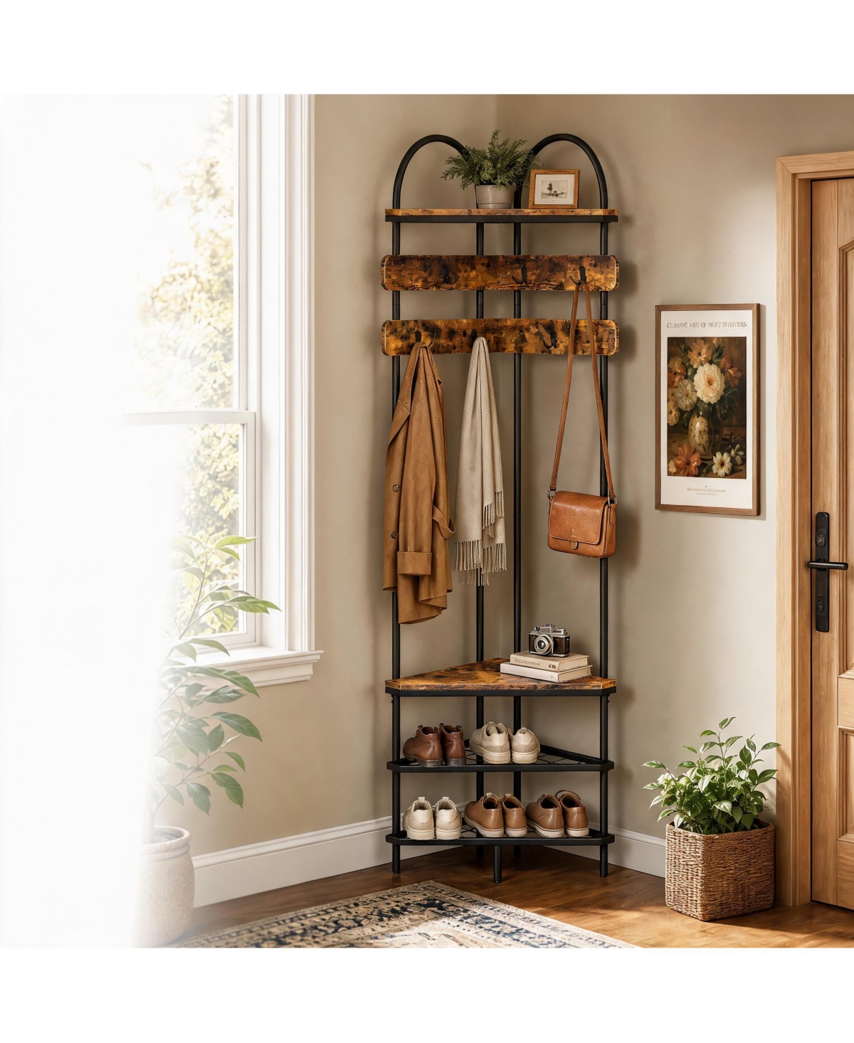 homfan Corner Coat Rack, Freestanding Hall Tree with Hooks and Shelf, Modern Entryway Organizer for Bedroom - Brown
