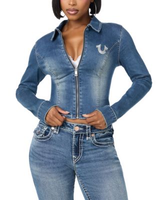 Women's Collared Cropped Long-Sleeve Denim Top