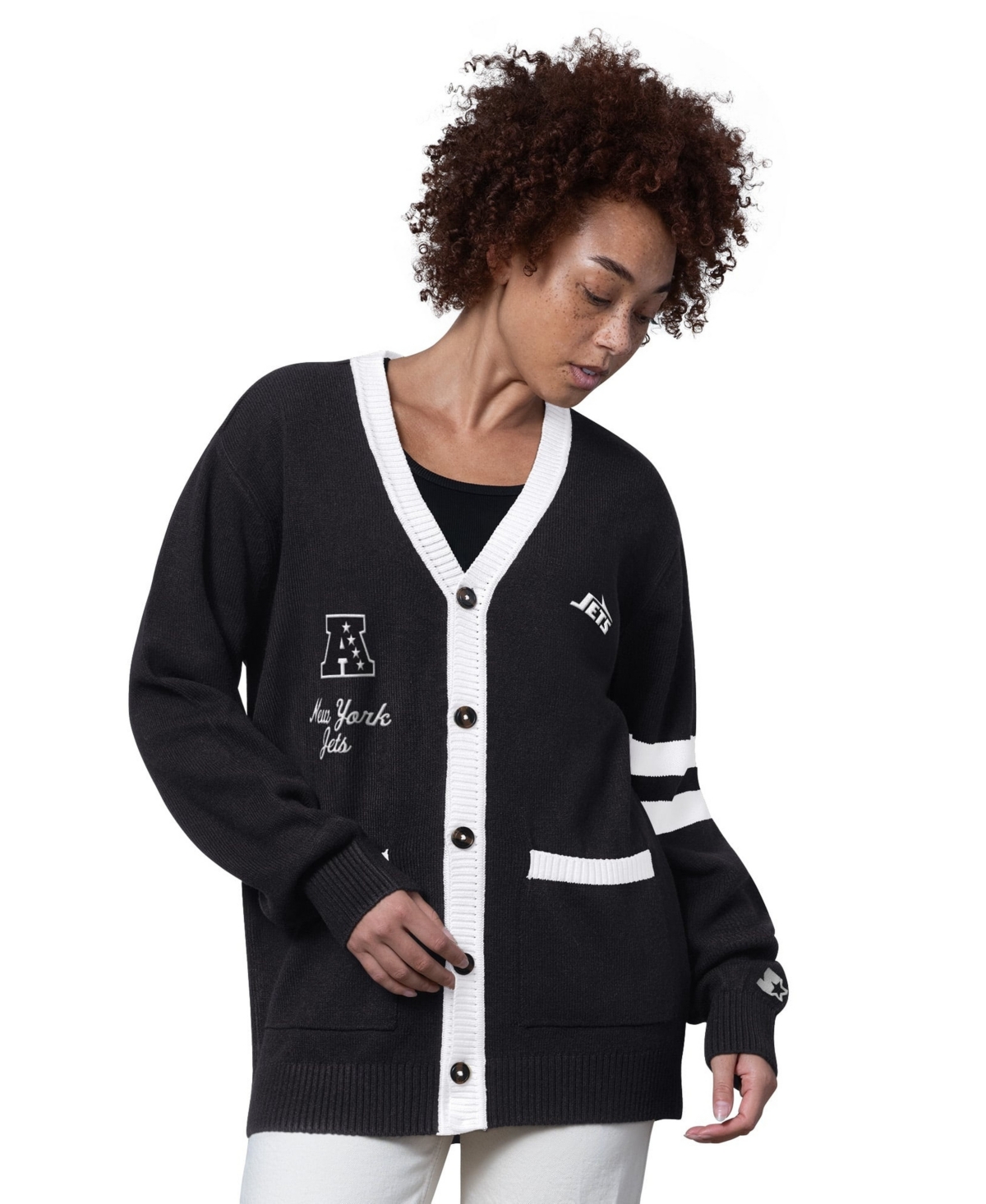 Starter Women's Black New York Jets Back Shot Button-Up Cardigan Sweater - Black, White