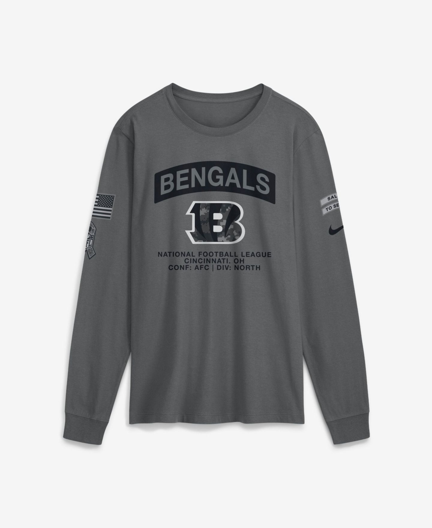 Мужская футболка Nike Gray Cincinnati Bengals 2026 Salute to Service Long Sleeve — фото 1