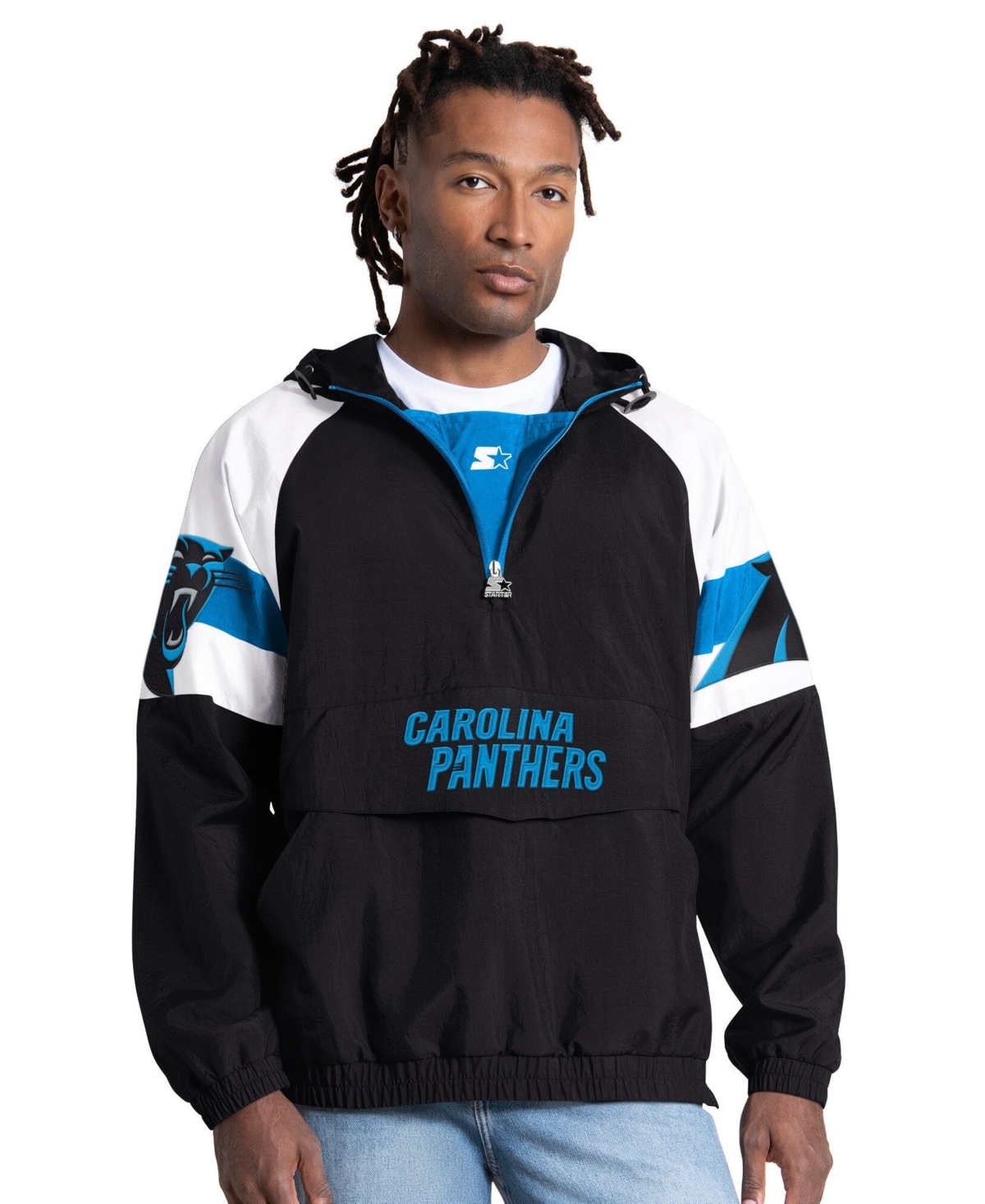 Starter Men's Black Carolina Panthers Street Cut Half-Zip Jacket - Black, Light Blue