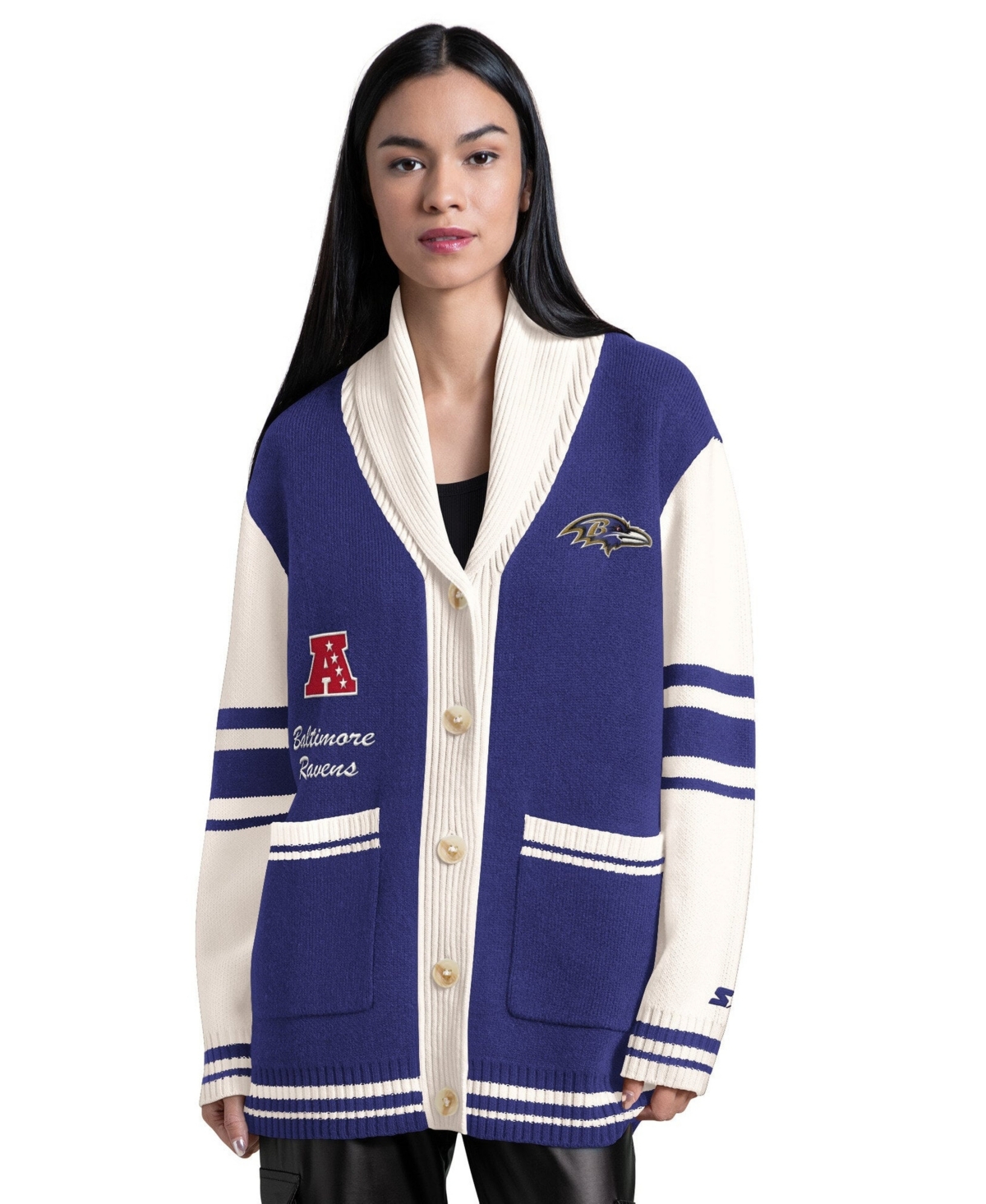 Starter Women's Purple Baltimore Ravens Strike Zone Shawl-Collar Button-Up Cardigan Sweater