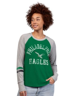 Women's Kelly Green/Gray Philadelphia Eagles Throwback Waffle-Knit Raglan Long Sleeve T-Shirt
