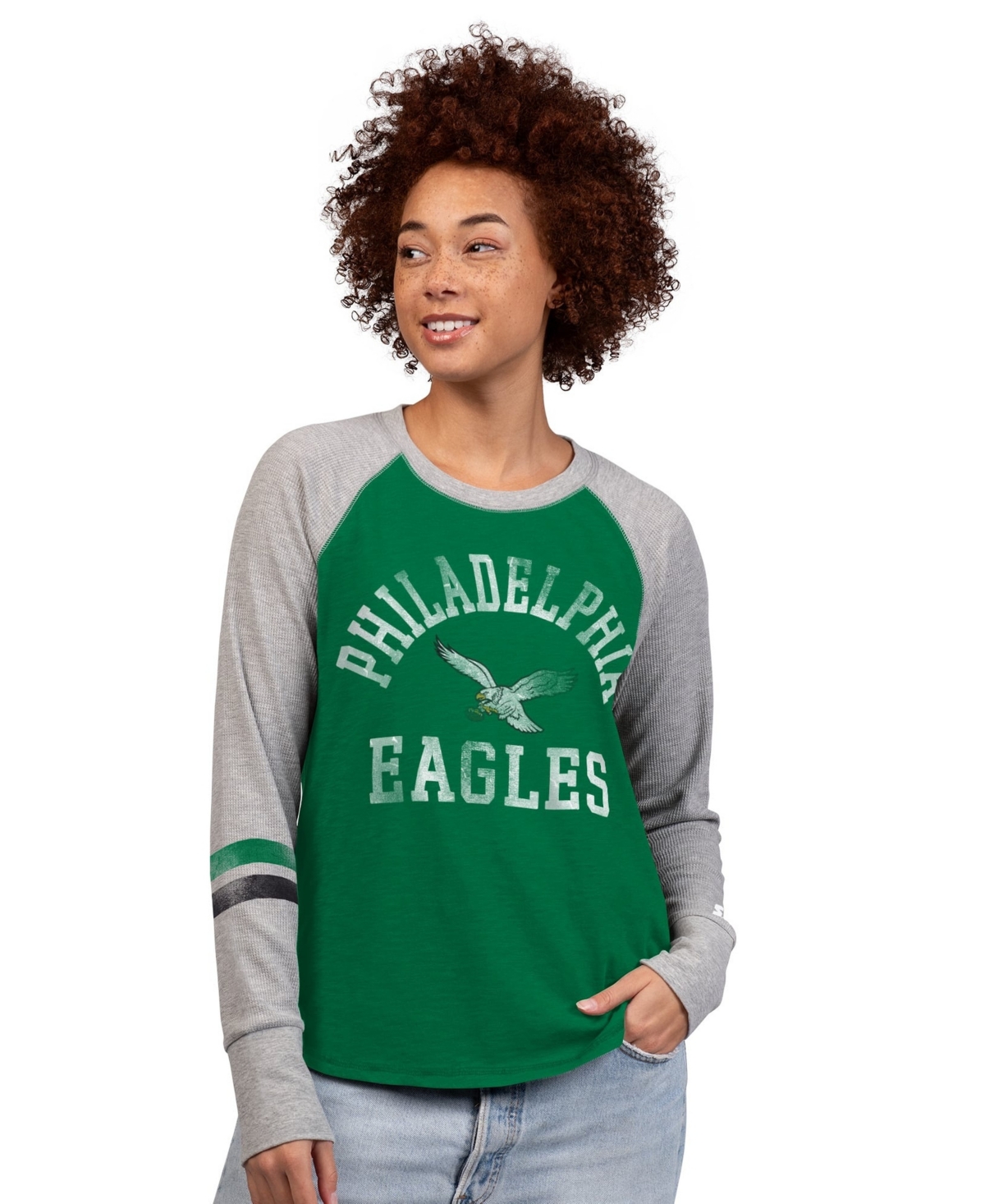 Starter Women's Kelly Green/Gray Philadelphia Eagles Throwback Waffle-Knit Raglan Long Sleeve T-Shirt