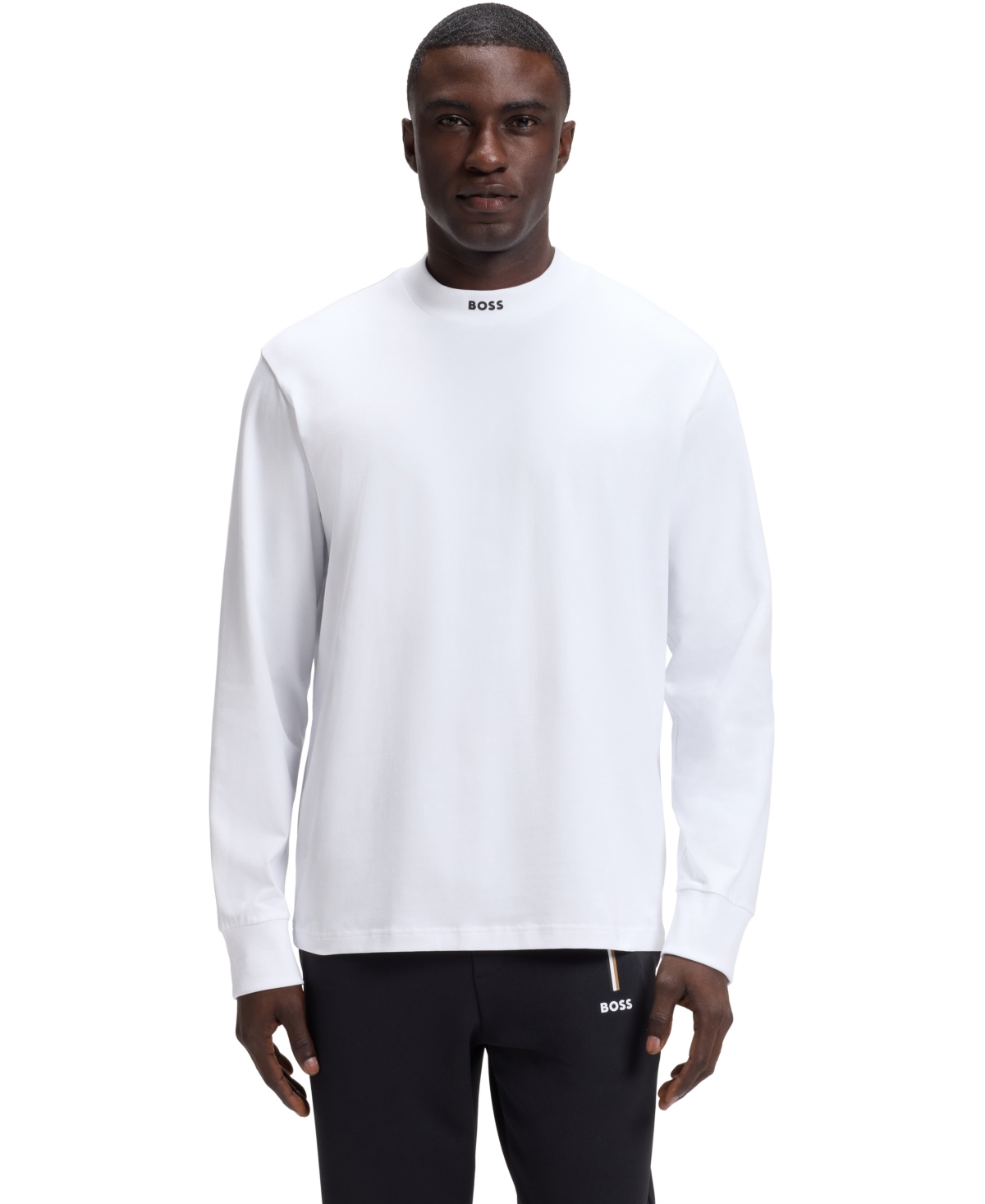 Boss by Hugo Boss Men's Cotton-Blend Long-Sleeve Mock-Neck T-Shirt - White