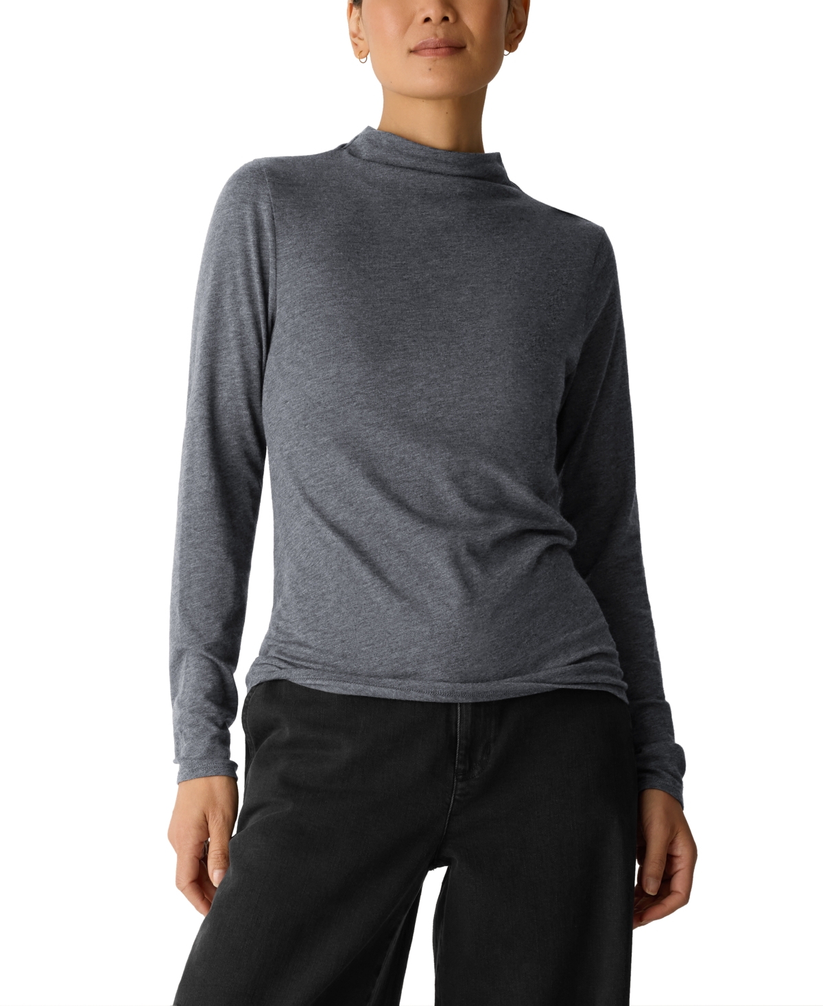 Eileen Fisher Women's Funnel Neck Long-Sleeve Lightweight Knit Tee - Charcoal