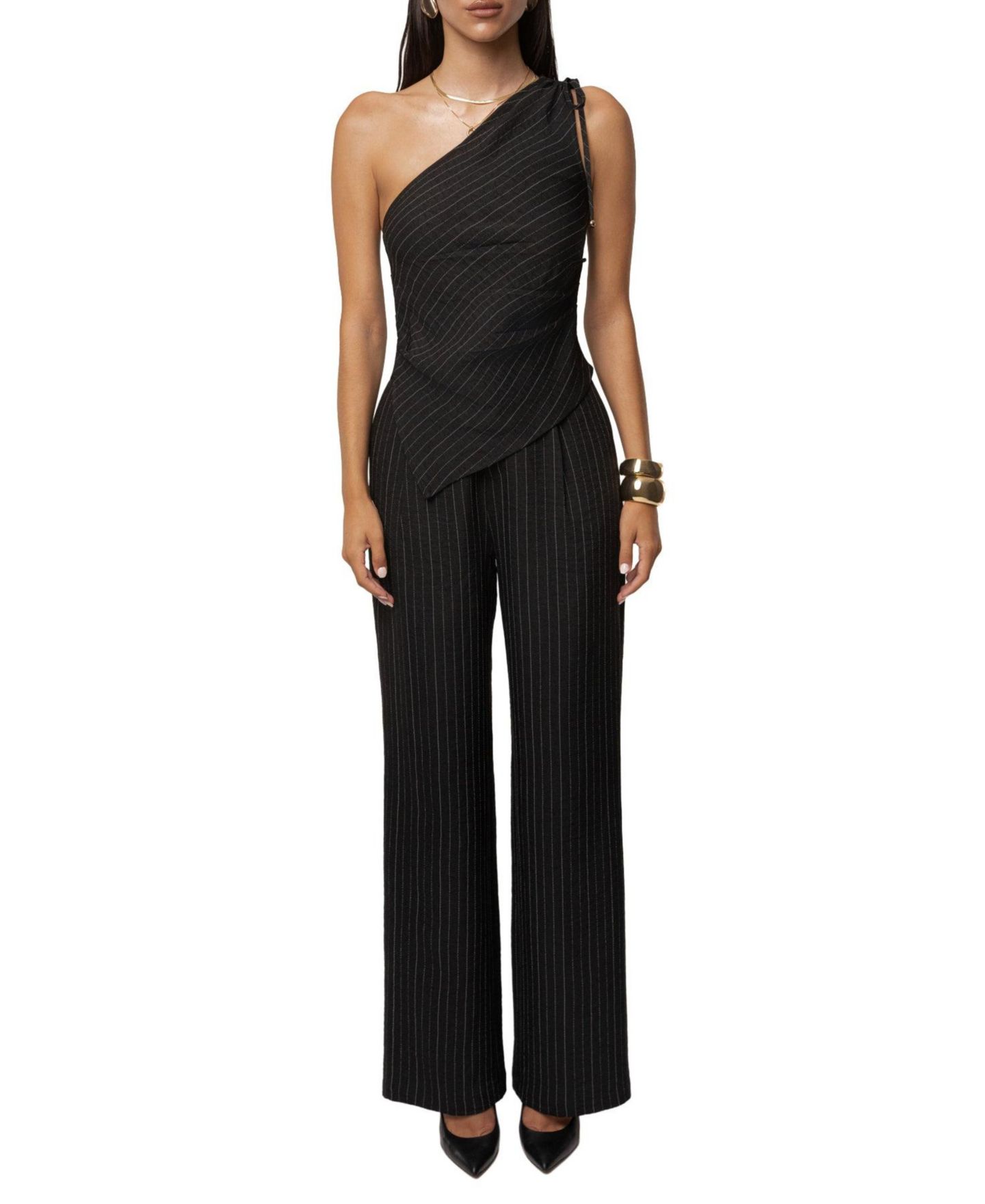 Женский топ JLUXLABEL Ocean Line Pinstripe Asymmetric-Hem One-Shoulder, цвет: Чёрный — фото 3