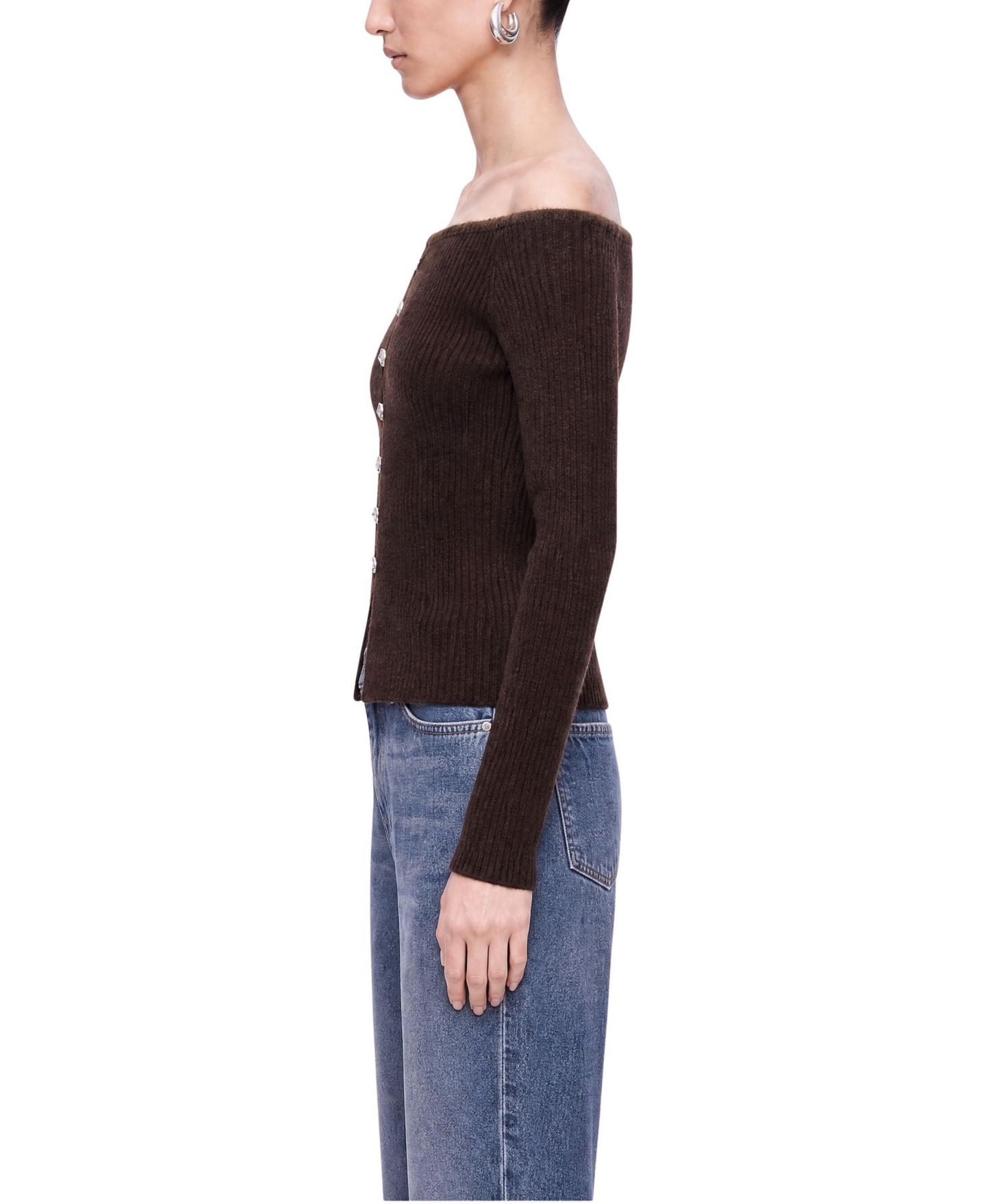 Женский кардиган NOCTURNE Off-Shoulder Ribbed Knit Long-Sleeve, цвет: Коричневый — фото 2