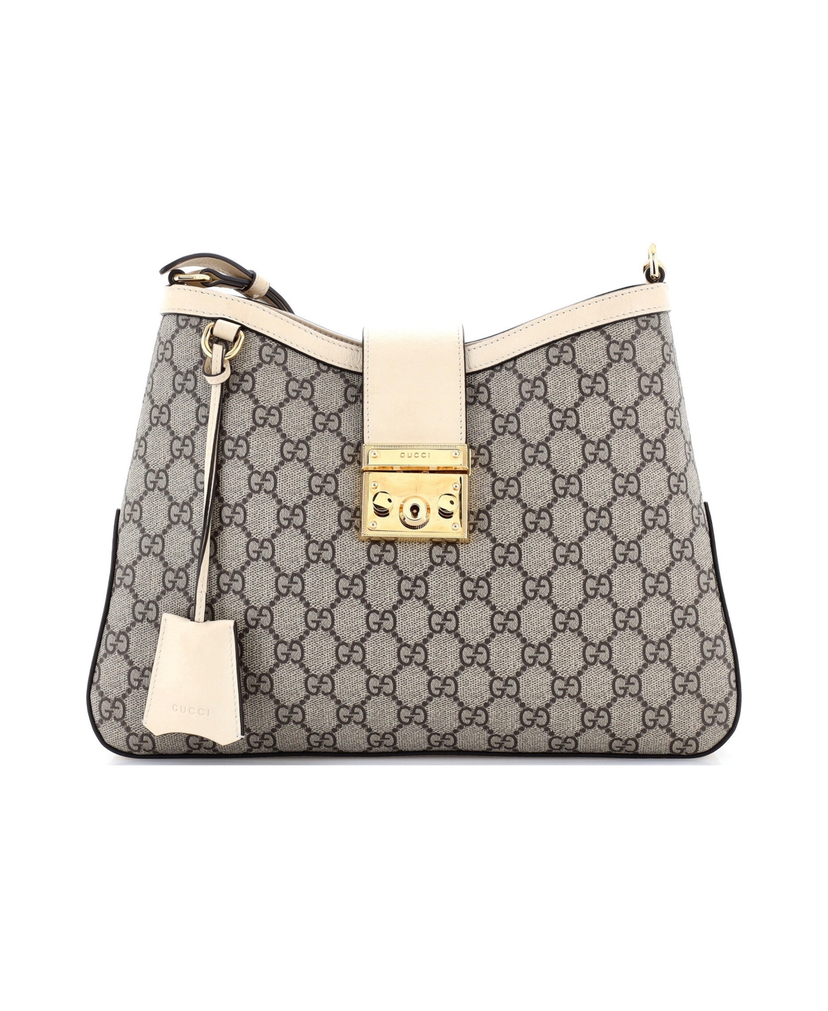 Pre-Owned Gucci Medium Padlock Chain Shoulder Bag Gg Coated Canvas with Leather - White
