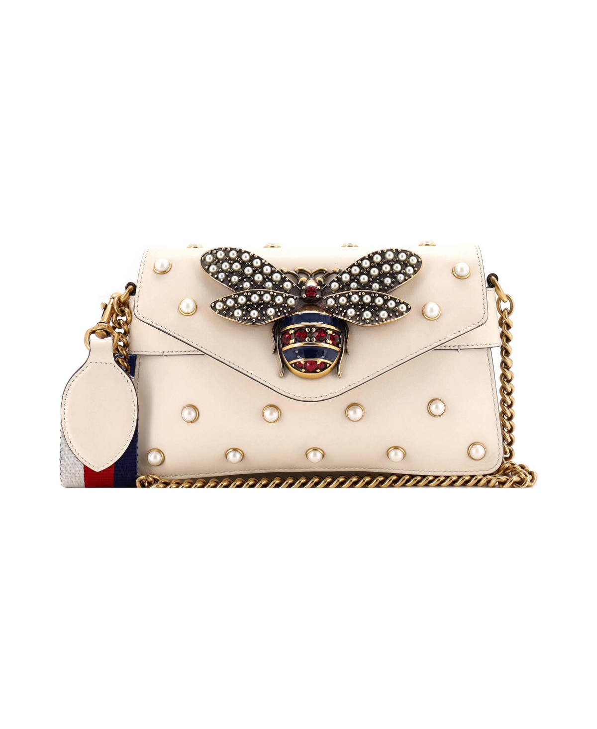 Pre-Owned Gucci Mini Broadway Pearly Bee Shoulder Bag Embellished Leather - Natural