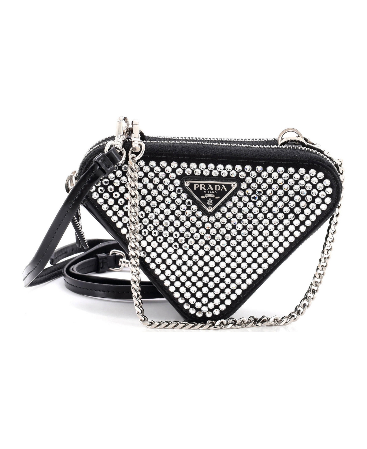 Pre-Owned Prada Mini Triangle Double Pouch Crossbody Crystal Embellished Satin - Black