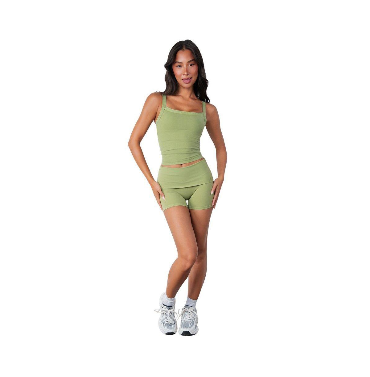 Vitality Women's Cloud Ii Mini High-Waisted Foldover Waistband Shorts, 4 1/2" Inseam - Palm leaf washed