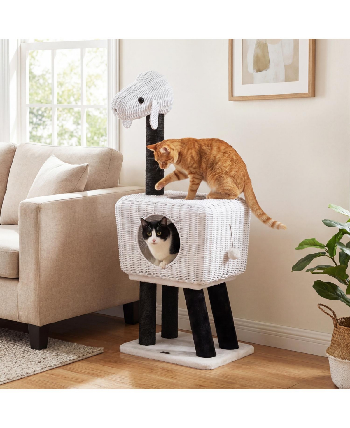 Zeny 43in Lamb-Shaped Cat Tower with 2-Door Rattan Condo