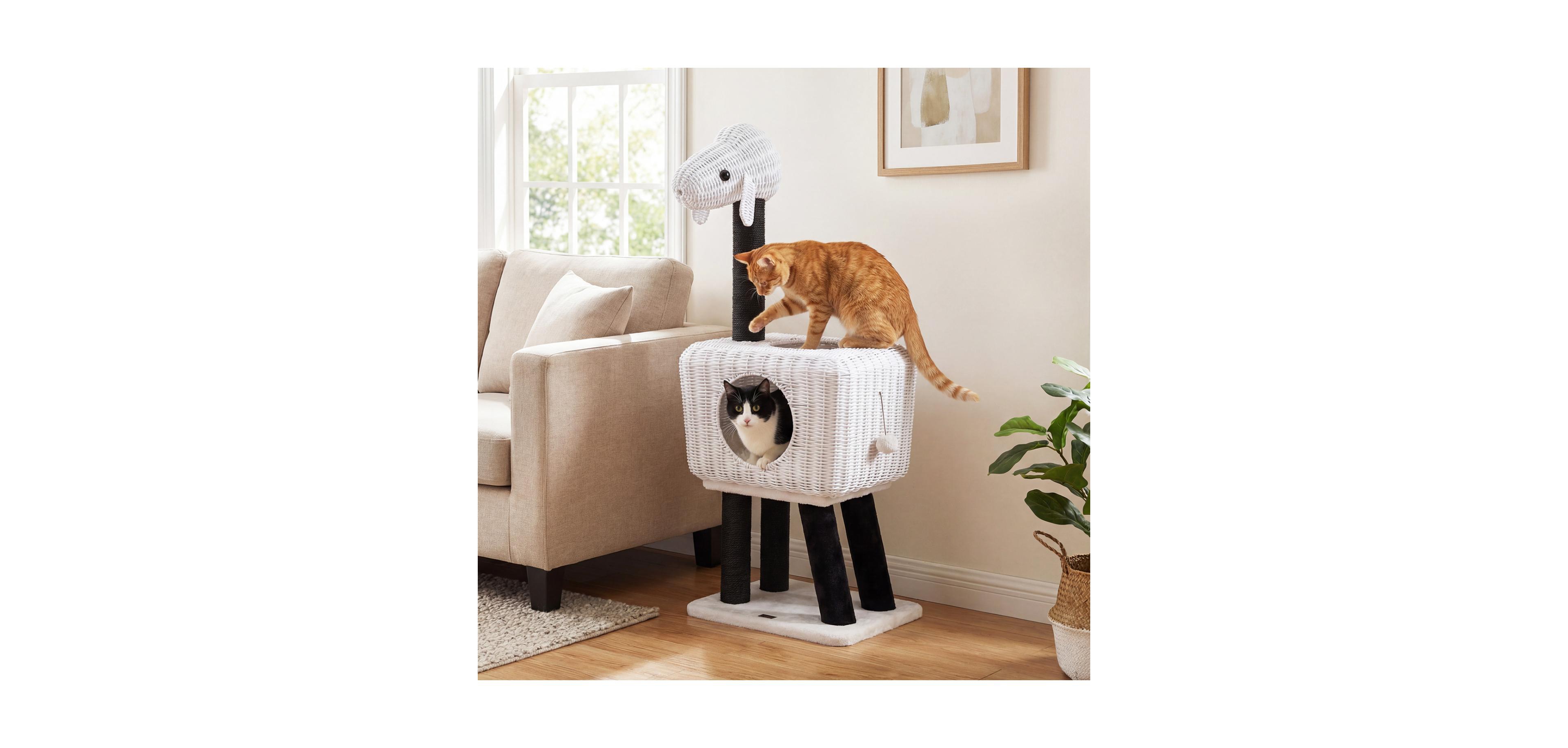 Zeny 43in Lamb-Shaped Cat Tower with 2-Door Rattan Condo