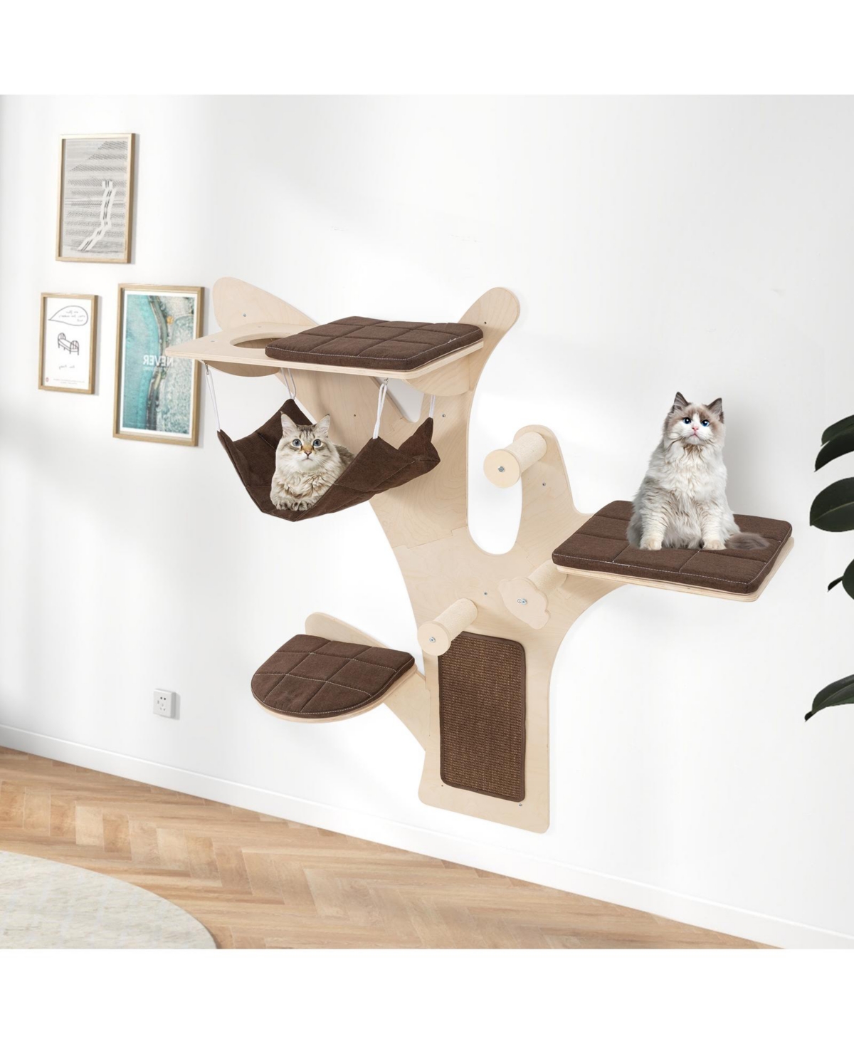 Zeny Wall-Mounted Cat Tower Cat Wall Shelves Furniture with Perch - Brown