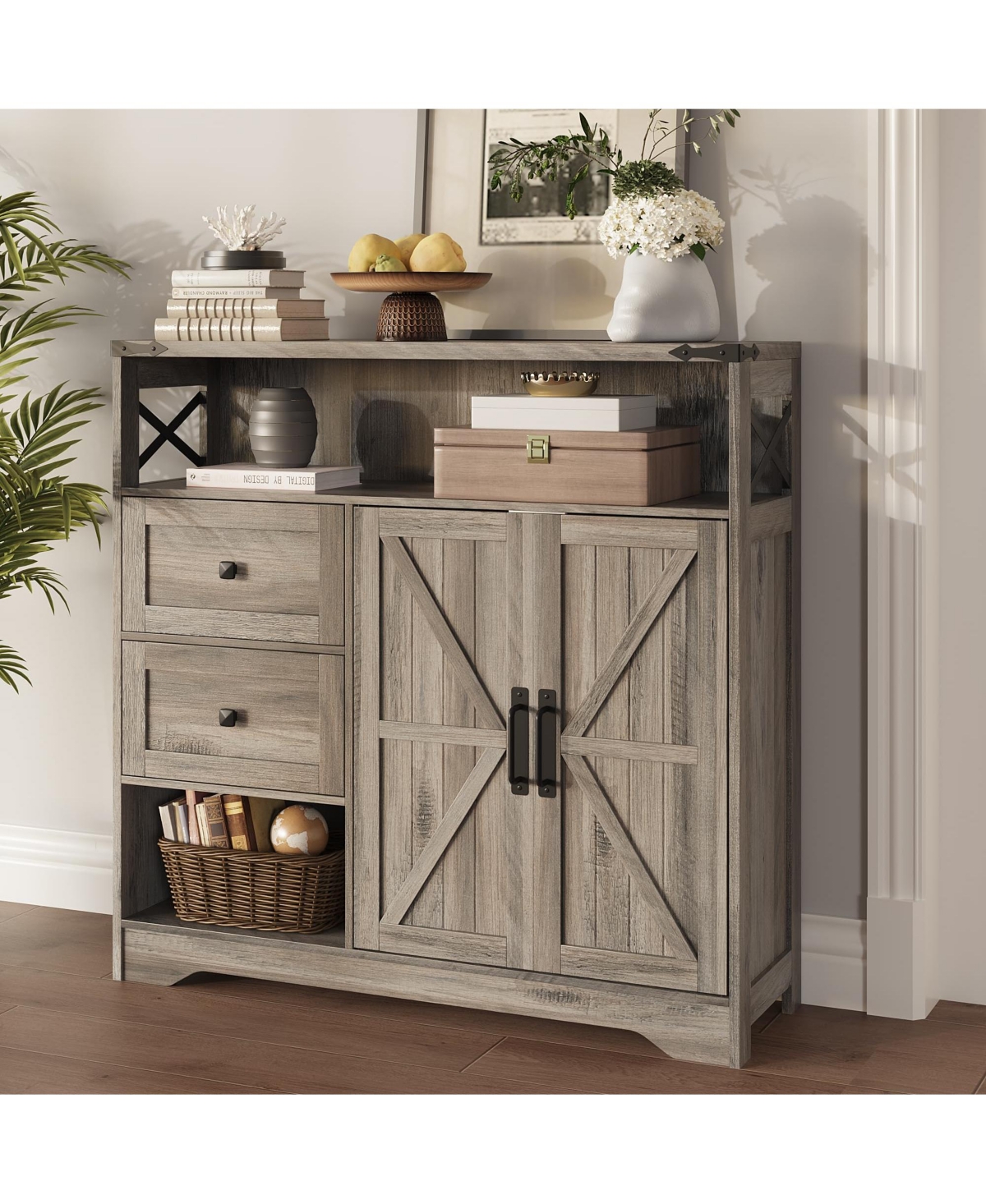 Vabches 38.5 Inch Engineered Wood Farmhouse Sideboard Buffet Cabinet with 2 Drawers and Barn Doors
