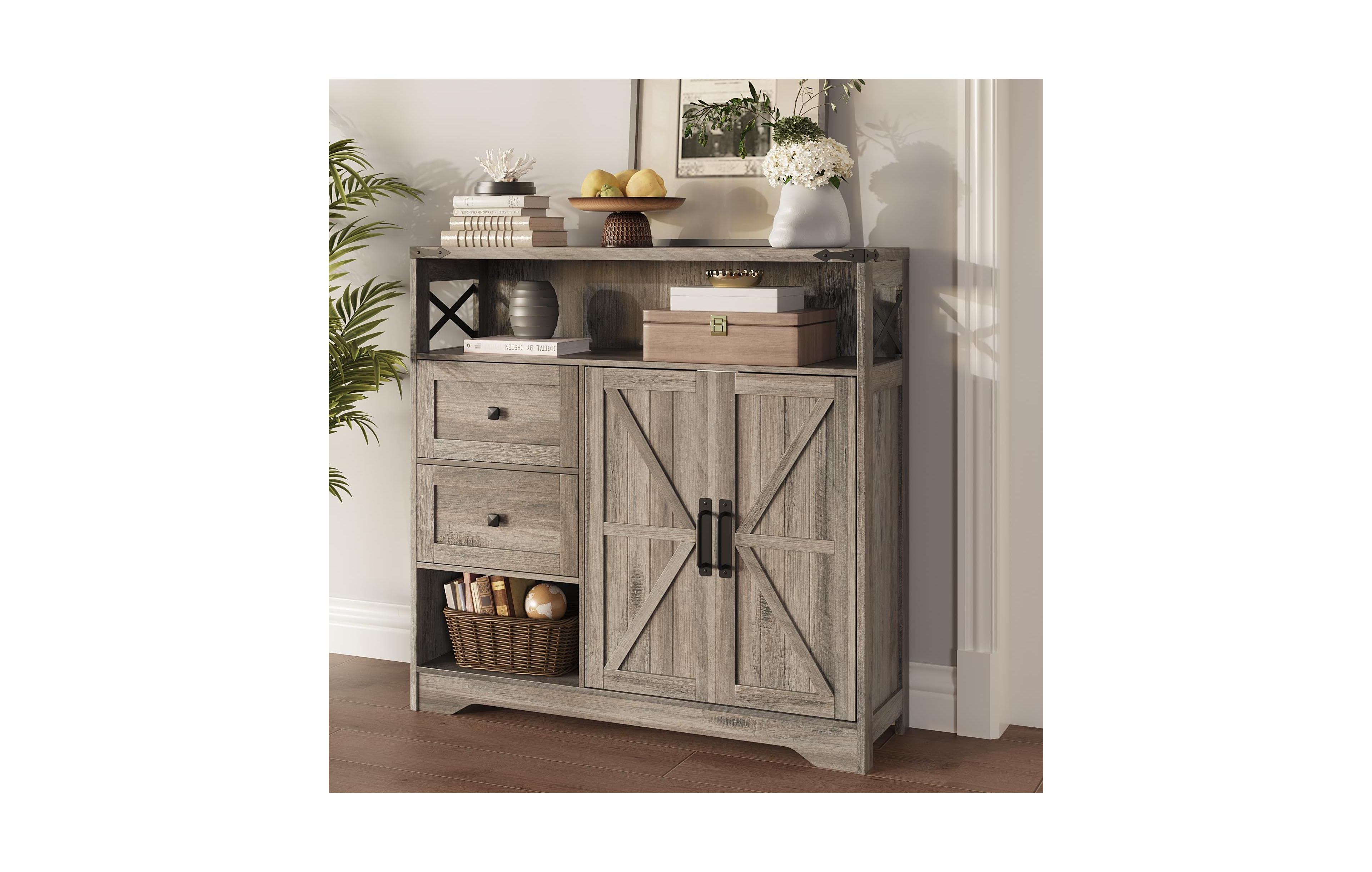 Vabches 38.5 Inch Engineered Wood Farmhouse Sideboard Buffet Cabinet with 2 Drawers and Barn Doors