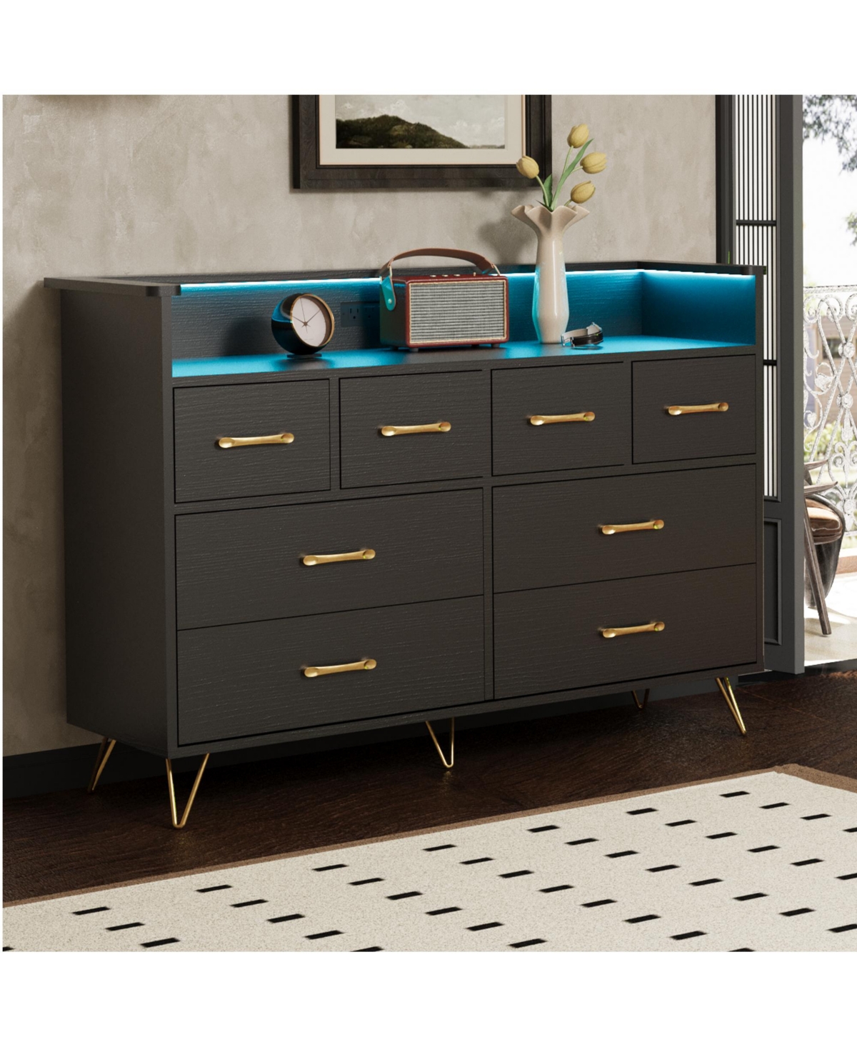 homfan 8 Drawer Dresser with Led Lights Charging Station Modern Wood Chest Open Space for Bedroom Living Room Entryway