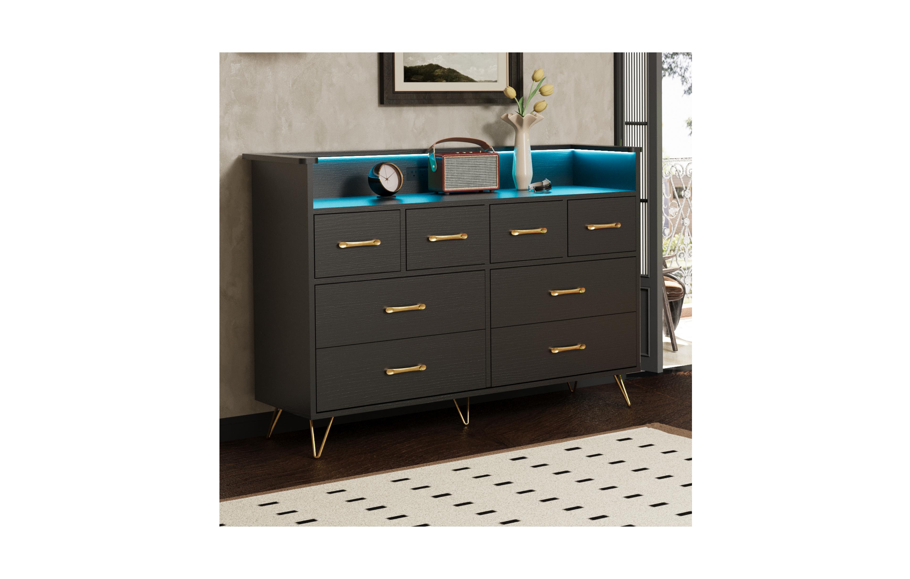 homfan 8 Drawer Dresser with Led Lights Charging Station Modern Wood Chest Open Space for Bedroom Living Room Entryway
