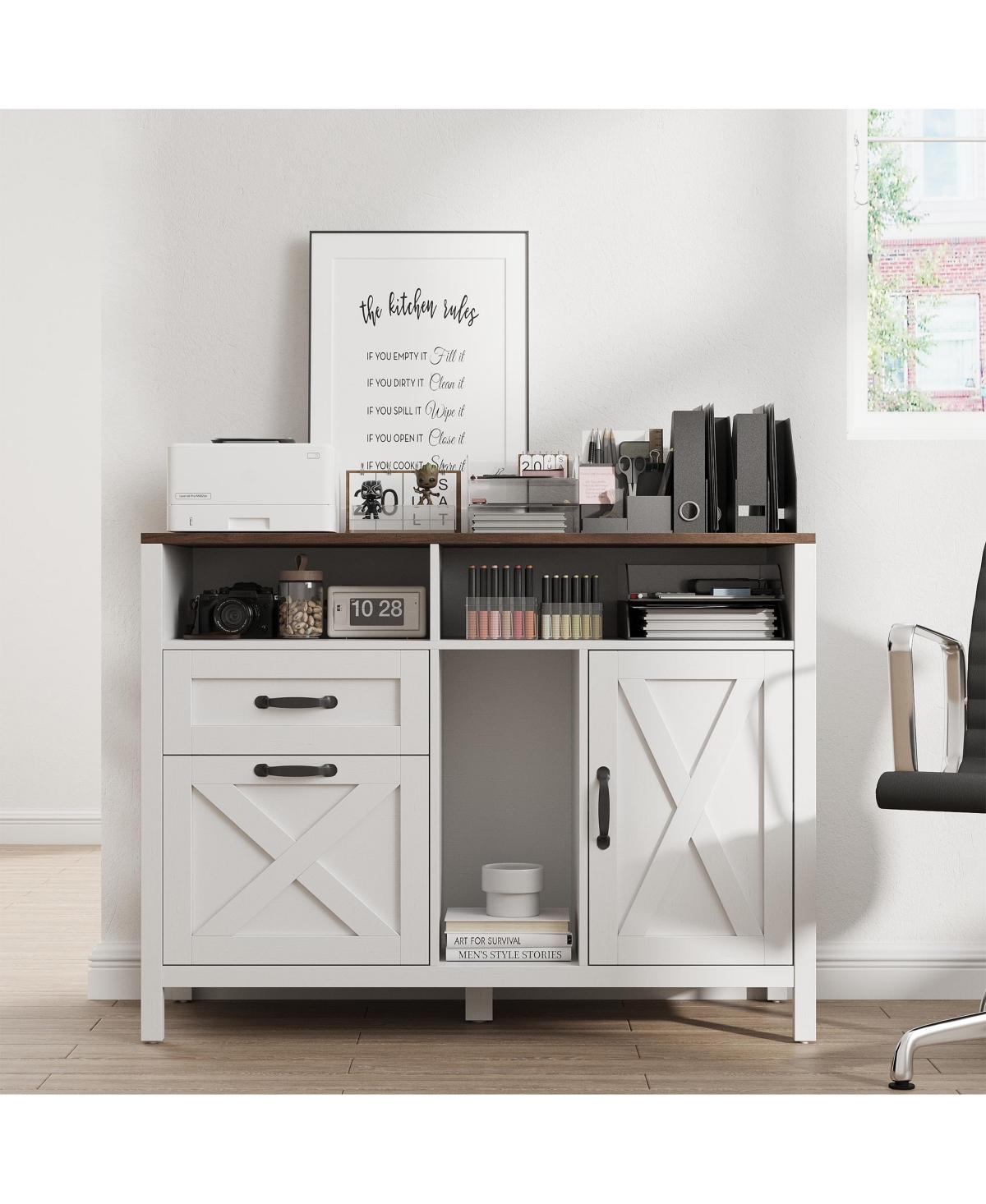 Vabches 37.4-in Farmhouse 2-Drawer Lateral File Cabinet with Storage Cabinet and Adjustable Hanging Rail - White